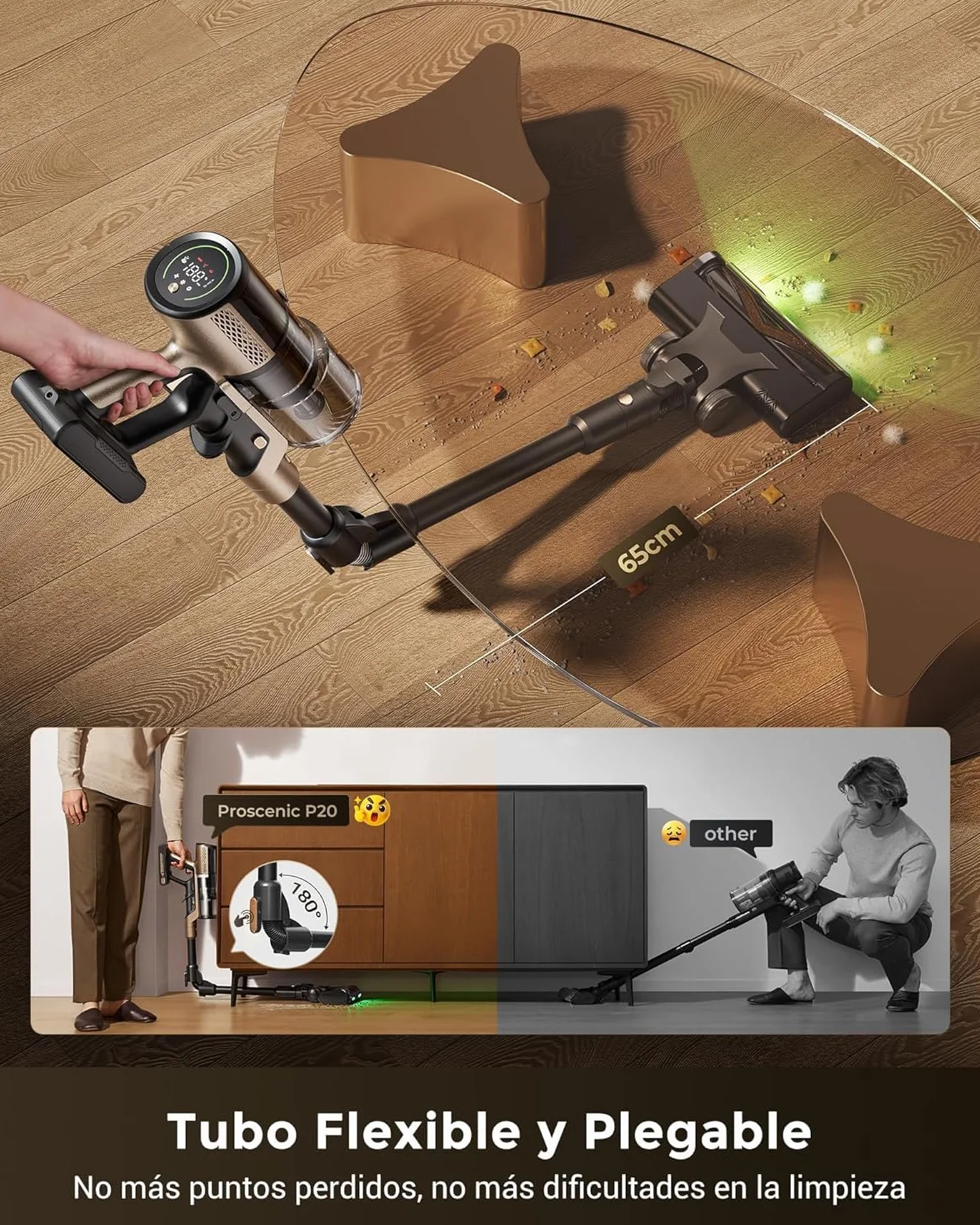 Proscenic P20+ Aspiradora fregadora sin Cable 70Mins/70kPa/680W, Autoportante y Plegable, con Cepillo Anti-Enredo y Depósito de Agua, Escoba Aspiradora sin Cable para Pelo de Mascotas/Suelos/Alfombras