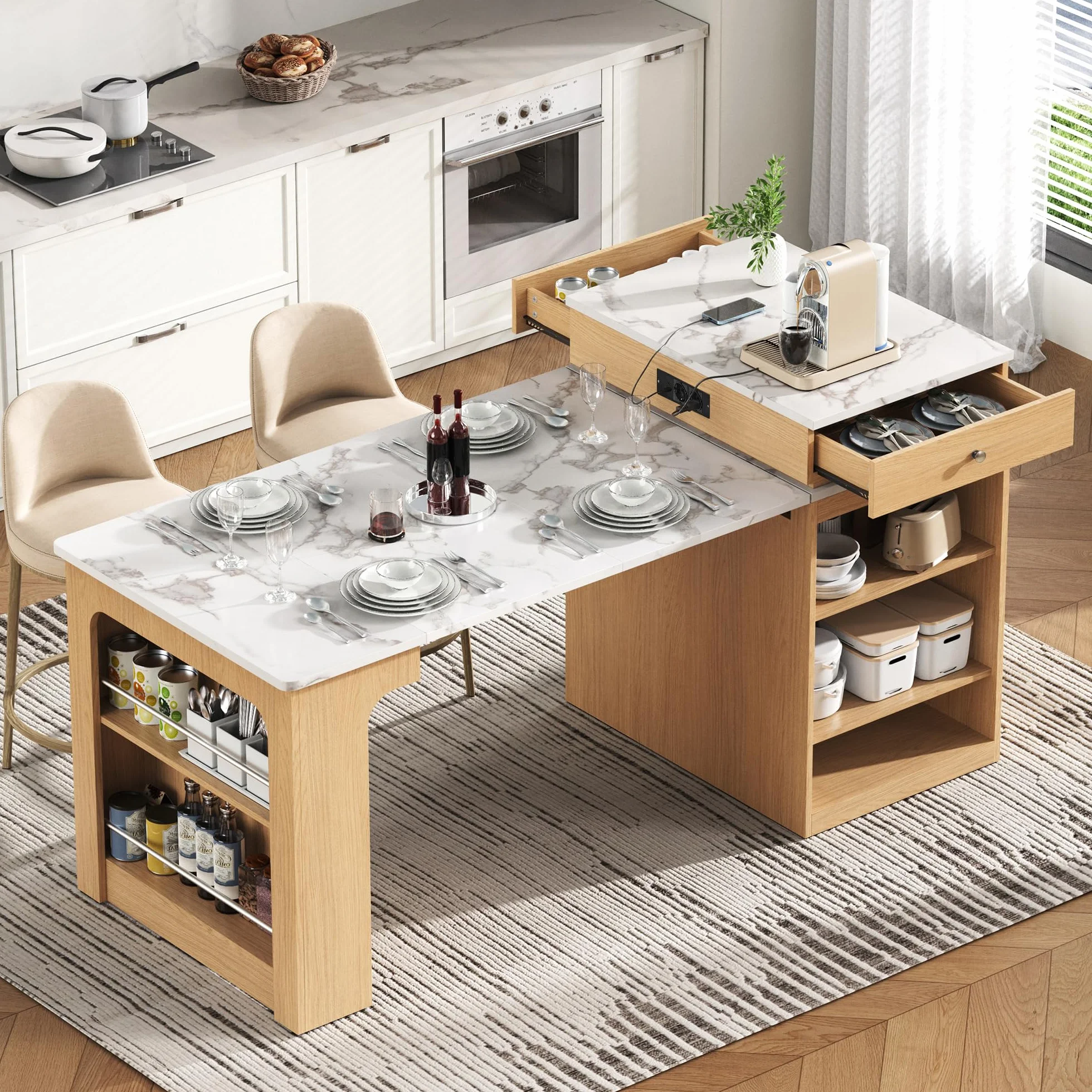 Kebnor Isla de Cocina con Ruedas, Mesa de Comedor Extensible con Tablero Desmontable, Mesa de Bar con Regletas de Enchufes, Sirve como Aparador o Alacena para Cocina y Sala