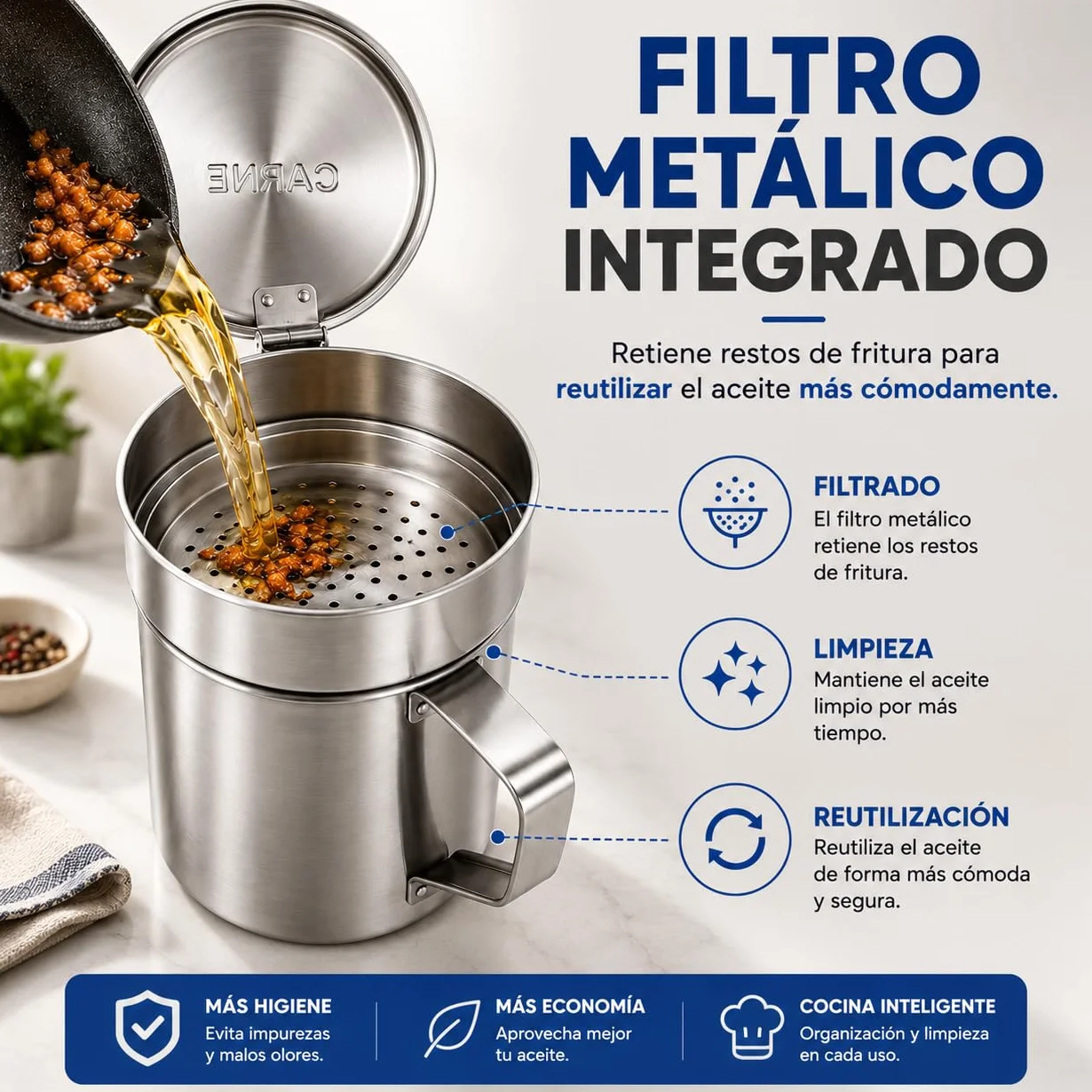 Aceitera Acero Inoxidable 500ml con Filtro Antigoteo para Aceite Usado Carne Pescado