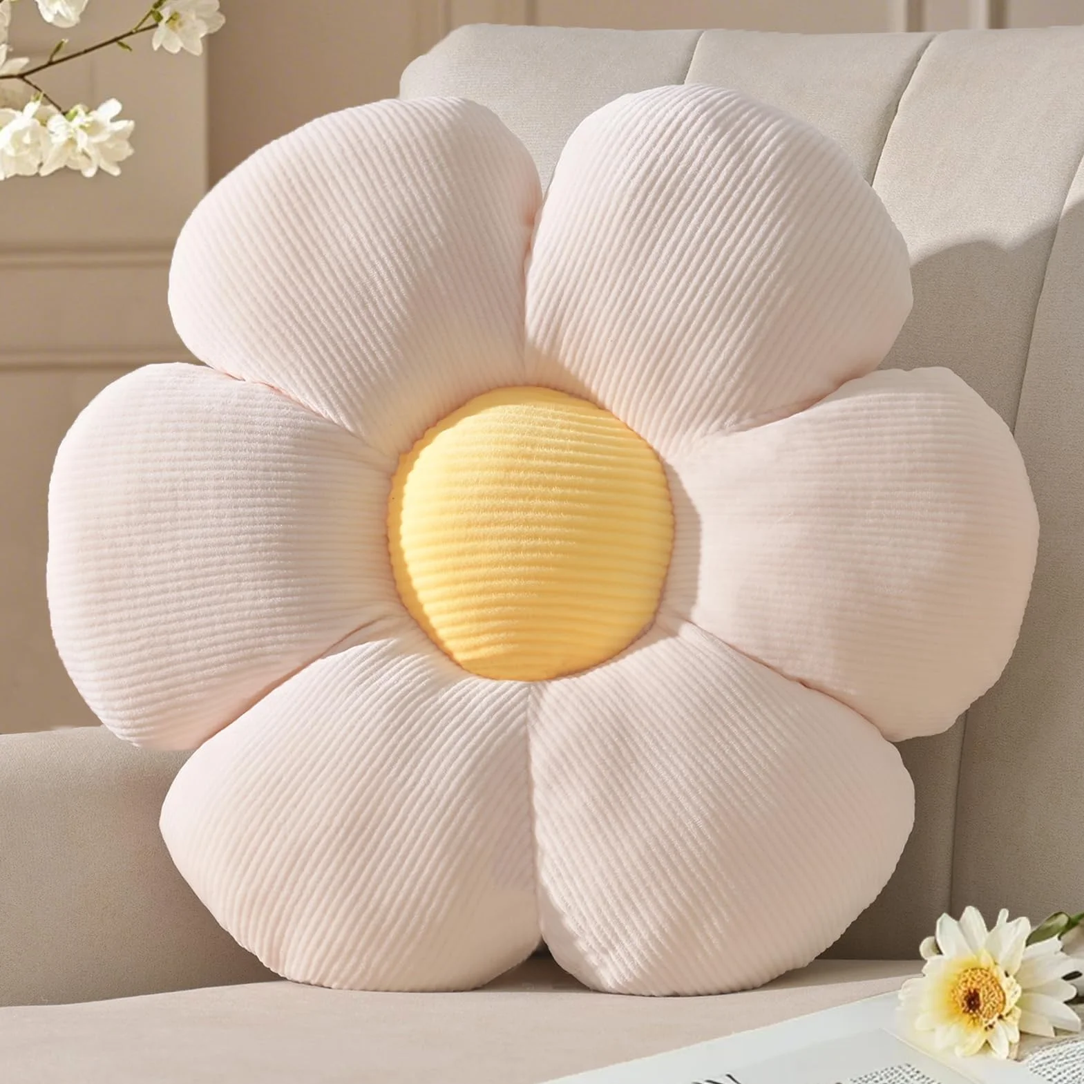 Cojín Flor Blanco 48 cm, Cojín de Suelo Estético para Habitación, Decoración Dormitorio
