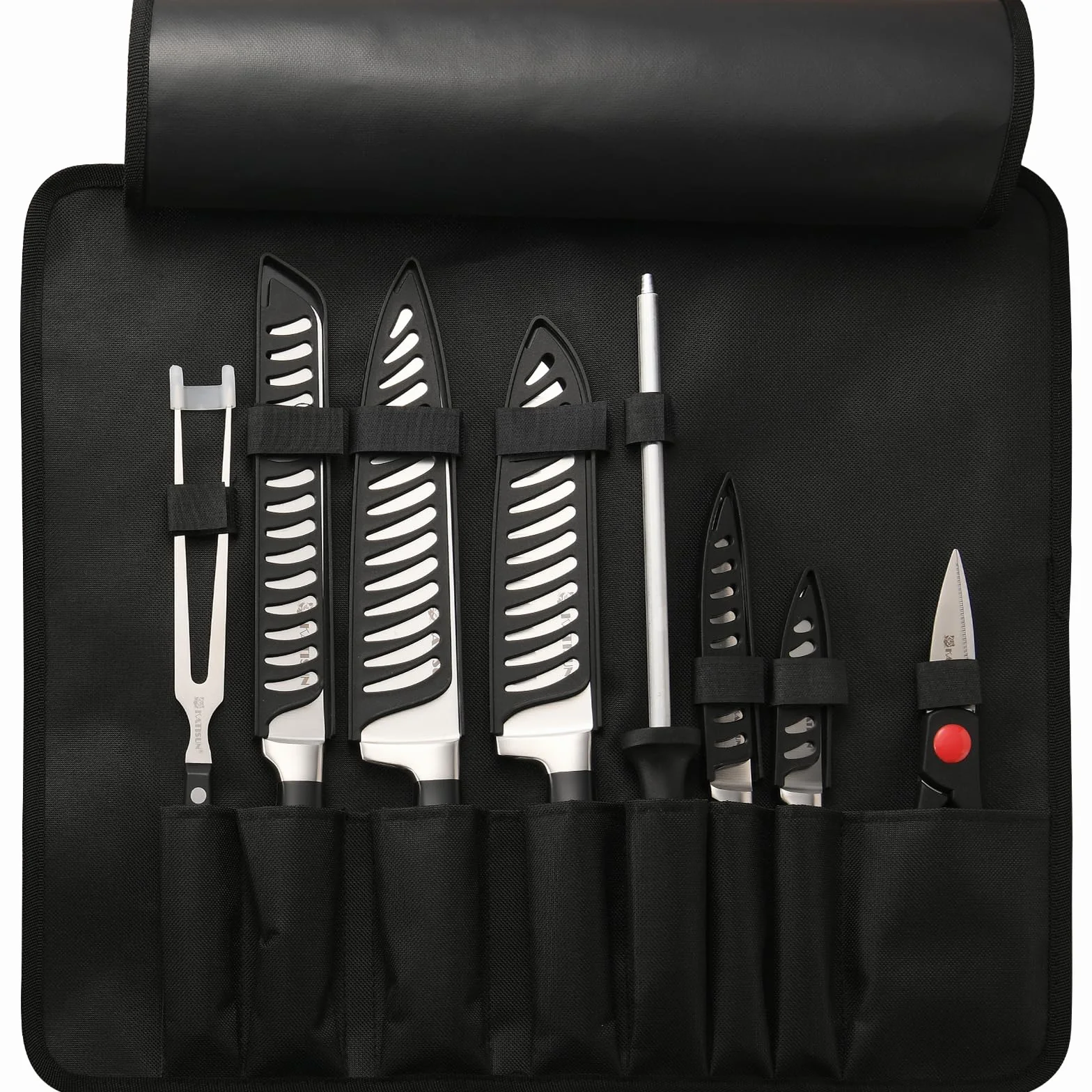 portátil Oxford cuchillo bolsa, 9 ranuras cuchillo y tenedor herramienta rollo bolsa, los cuchillos son Japón 420j2 acero, afilado y duradero