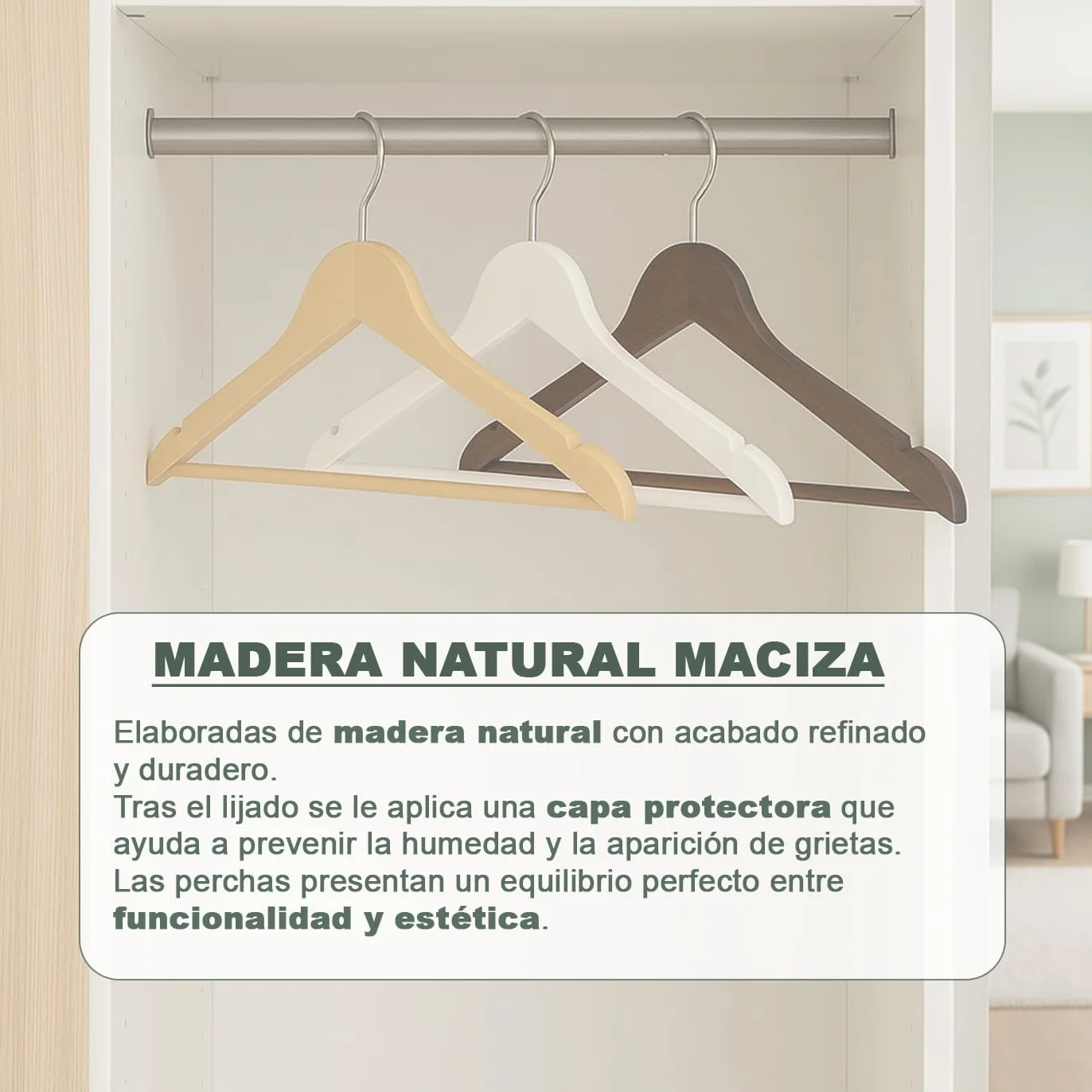 MERCURY TEXTIL - Perchas Ropa de Madera Natural, Gancho Giratorio 360°, Barra Antideslizante para Pantalones, Ideal para Trajes, Vestidos y Chaquetas, Perchas Madera (Blanco, 10 Unidades)