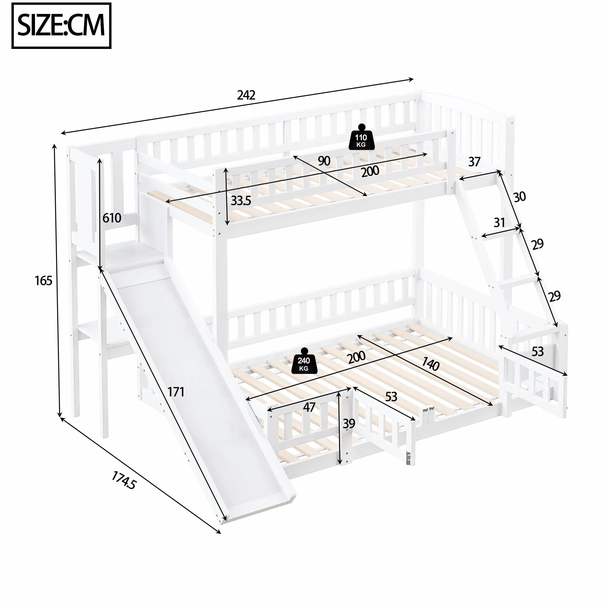 Lubvtti Litera Infantil 90/140 x 200 cm con tobogán,Cama Infantil con estantes y guías de Seguridad,Estructura Cama para niños 90/140x200 con somier de láminas,sin colchón,Blanco