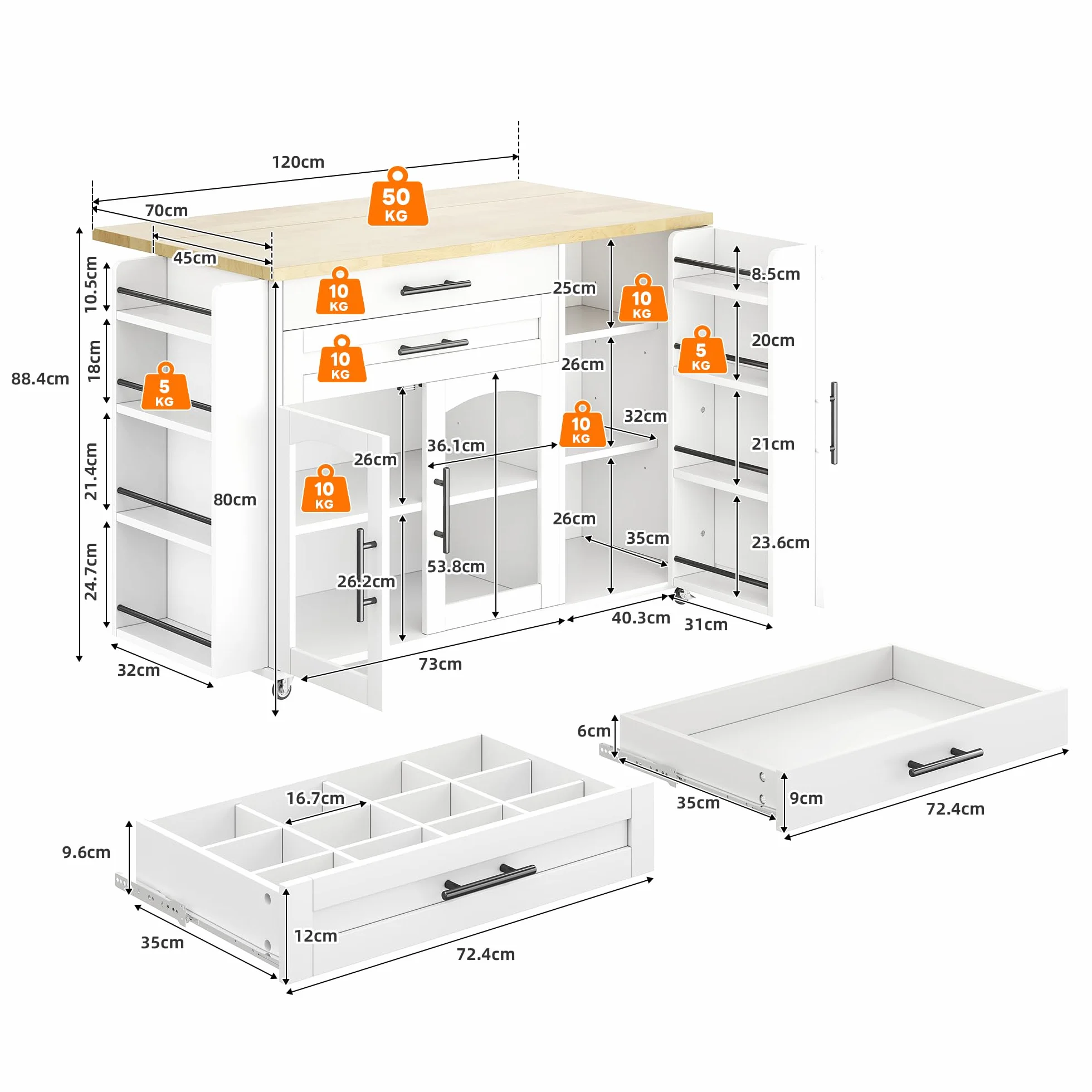 Isla de cocina con encimera, carrito de cocina independiente con 5 ruedas, armario de cocina con estante para especias y cajón, para cocina y comedor 120 x 45 x 90 cm (blanco)