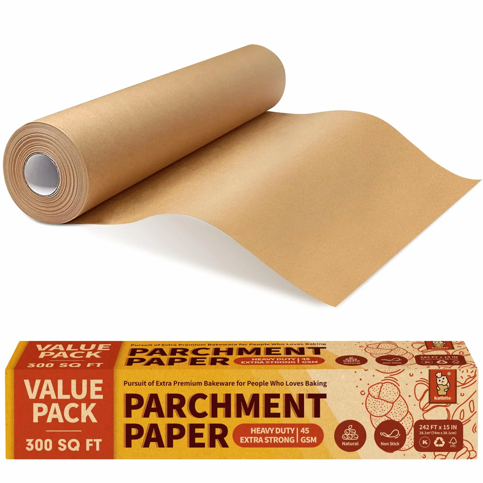 Papel pergamino para hornear sin blanquear, 38 cm x 74 m
