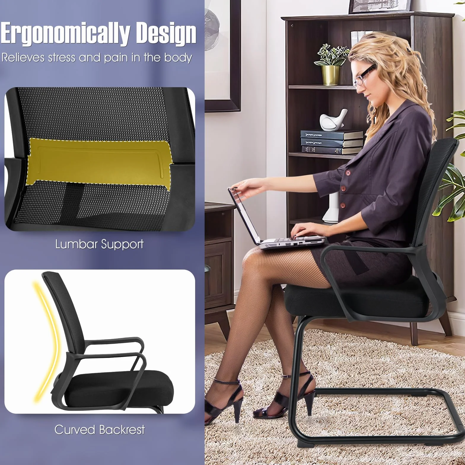 GIANTEX Juego de 2 Sillas de Conferencia con Respaldo y Reposabrazos, Silla de Recepción con Soporte Lumbar, Malla Transpirable, para Oficina, Sala de Espera y Conferencias, Negro
