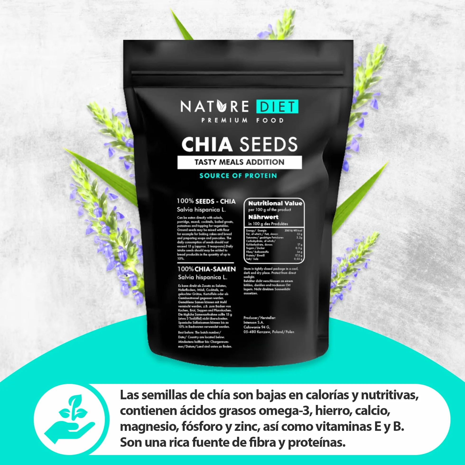 Semillas de chía Nature Diet 2x 1000 g Salvia Hispanica Alto en Omega-3 Fuente de fibra