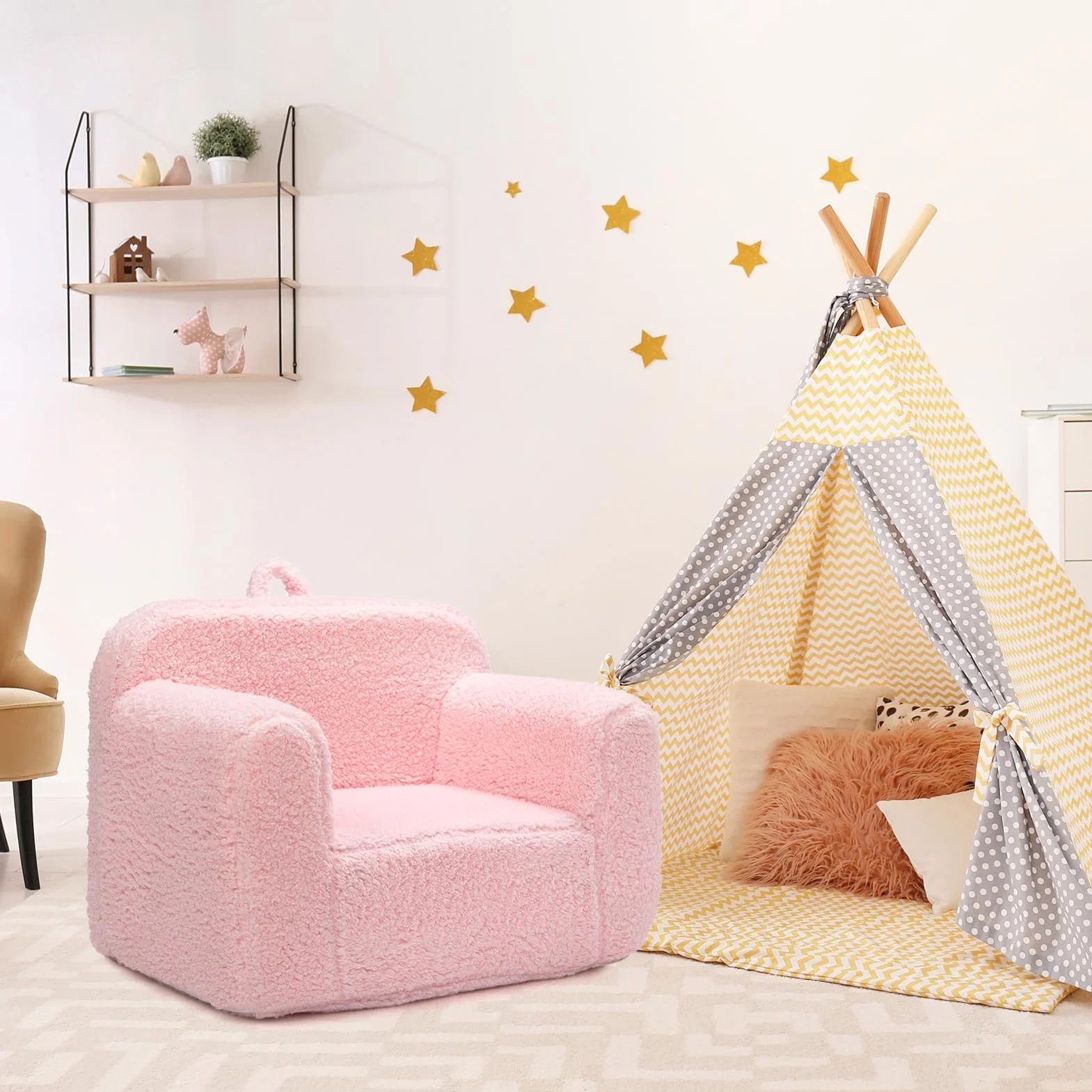 BEJOY Sillón para niños,Sofá Infantil Ultra Suave de Espuma Acolchada,Sillón Infantil Cómodo de Sherpa para Leer,Individual para Niños y Niñas, Rosa