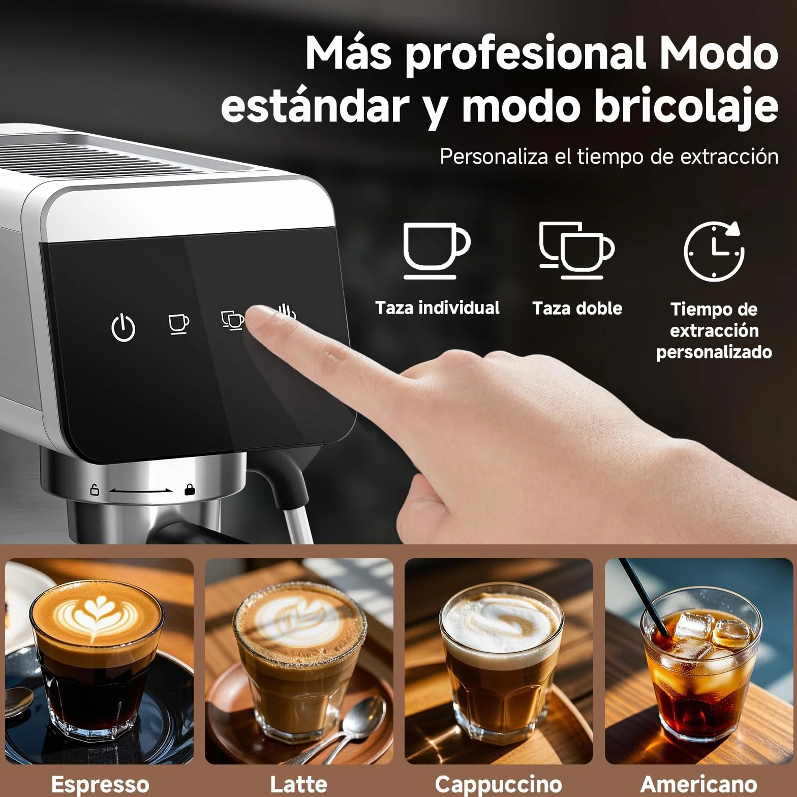AMZCHEF Cafetera Espresso 20 Bares con Espumador de Leche, 1350W de Acero Inoxidable con Pantalla LED y Depósito Extraíble de 1,2 L, Diseño Compacto para el Hogar
