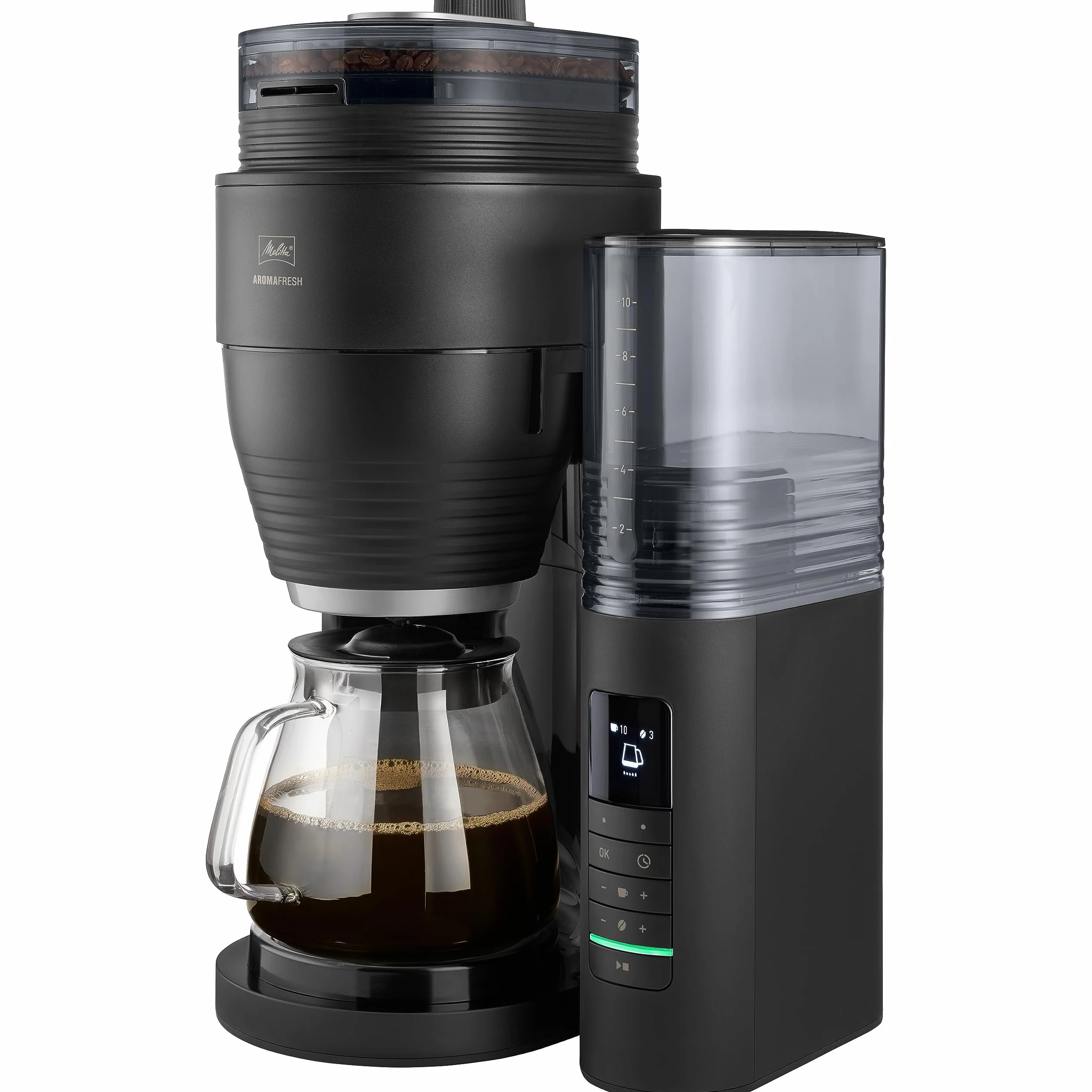 Melitta AromaFresh Pro X - Cafetera de goteo con molinillo integrado, cafetera de filtro con jarra térmica y depósito de agua extraíble, máquina de café para hasta 10 tazas, negro