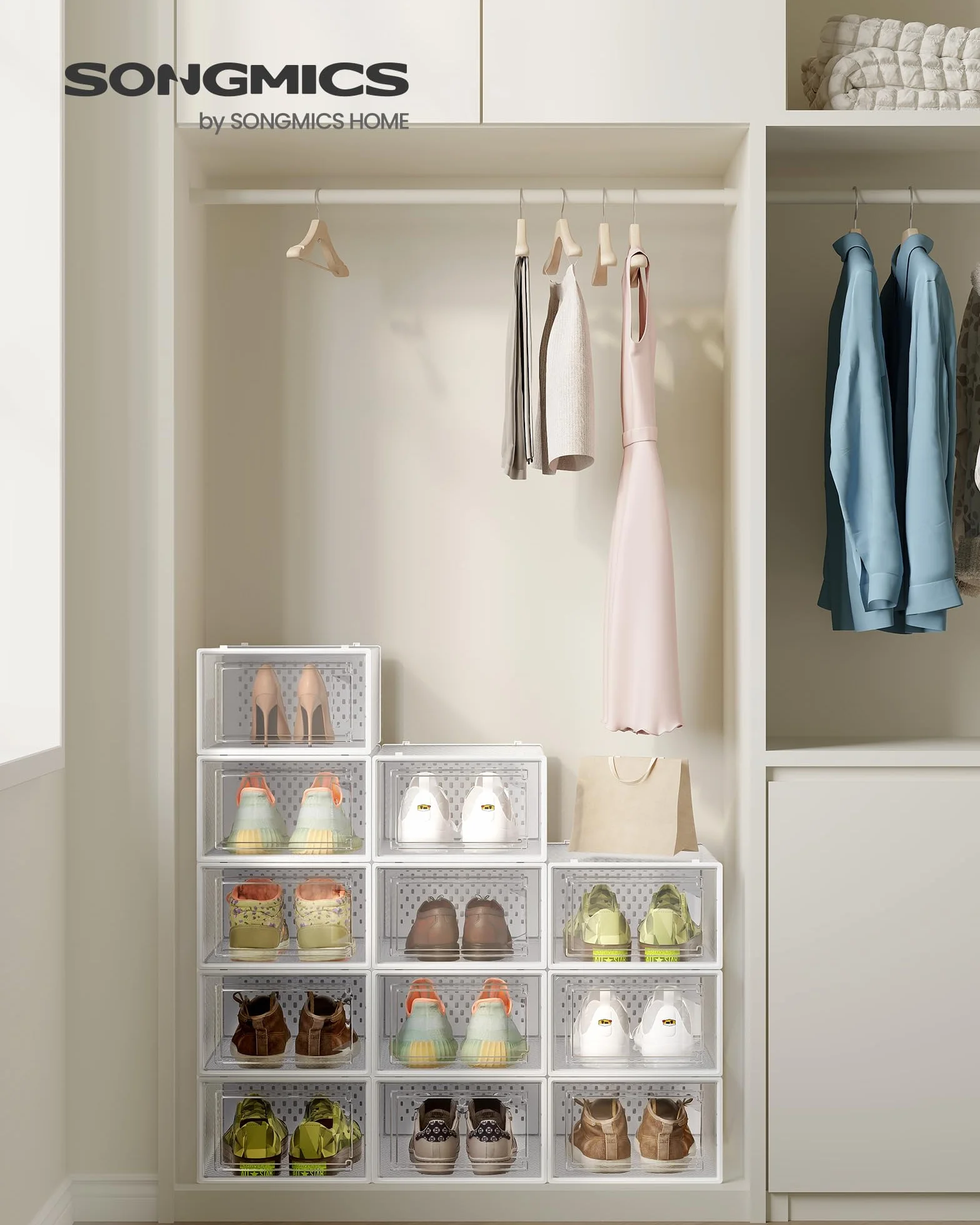 SONGMICS Cajas de Zapatos de Plástico Plegables Apilables Juego de 12 Transparente Blanco
