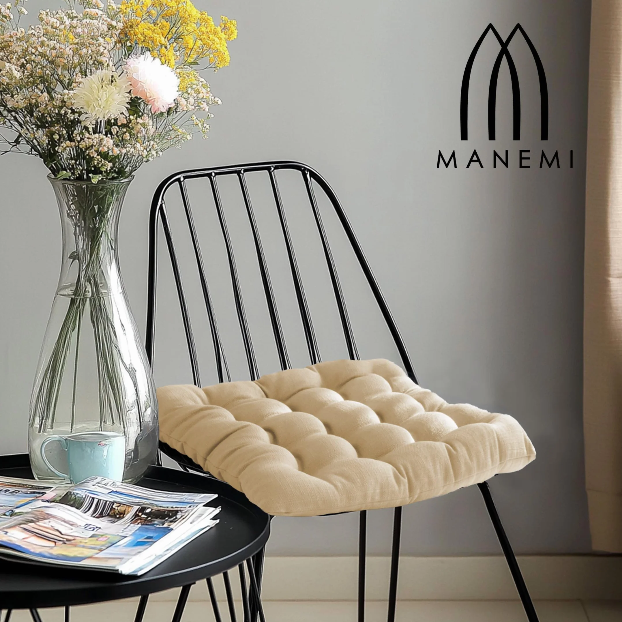 MANEMI Pack 6 Cojines para Silla 40x40x5cm - Cojín Decorativo con Textura de Bambú para Silla, Sofá o Comedor - Juego de Cojines de Asiento Estilo Rústico y Transpirable con Cintas de Sujeción
