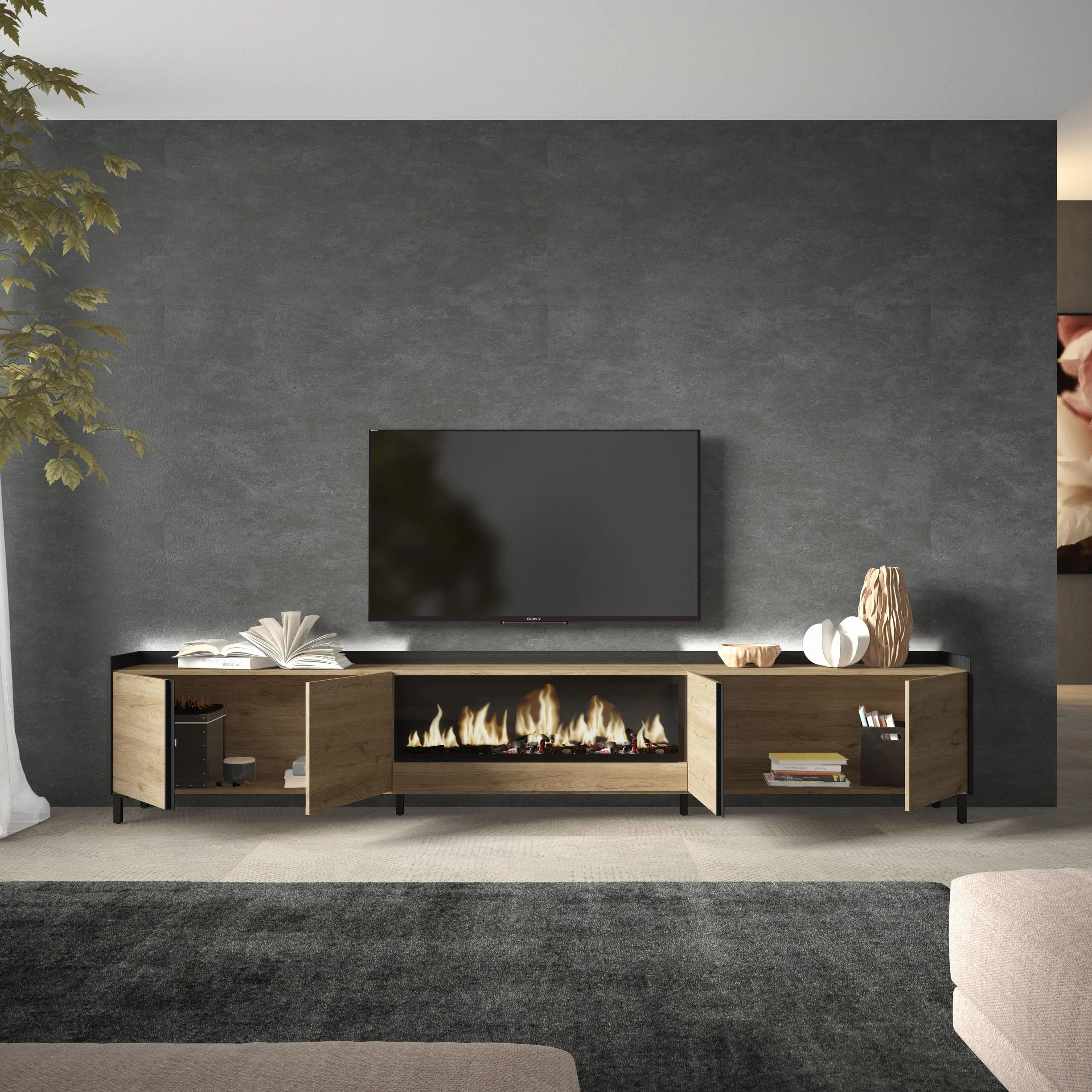 Skraut Home | Mueble TV | Muebles de salón, almacenaje | 315x61x35 cm | para televisión hasta 80" | Chimenea eléctrica XXL | Diseño Industrial | LED | Estilo Moderno | Roble y Negro