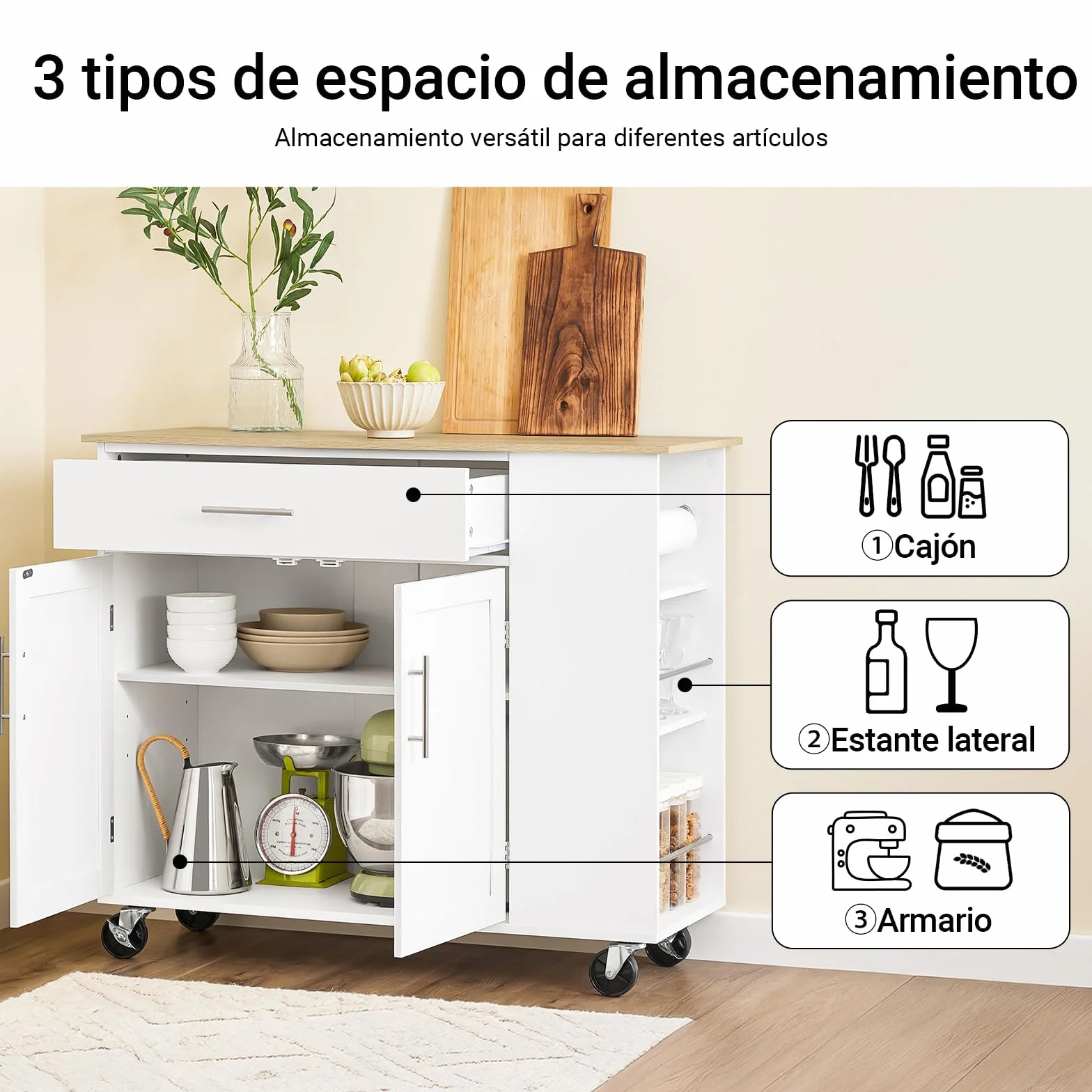 SoBuy Mueble Auxiliar de Cocina con Ruedas y Encimera – Carrito Auxiliar con Cajón y Estante Ajustable – Isla de Cocina con Ruedas, Mueble Cocina Auxiliar Blanco 99x40x85 cm FKW133-WN