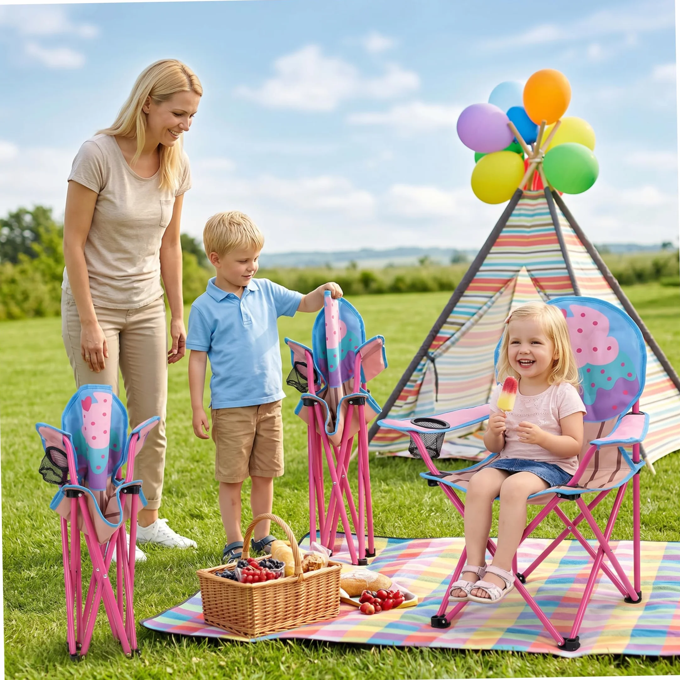Silla plegable para campamento para niños con portavasos, silla portátil para exteriores para niños pequeños de tela Oxford 600D, patrón de helado de pastel, liviana para playa, senderismo, picn