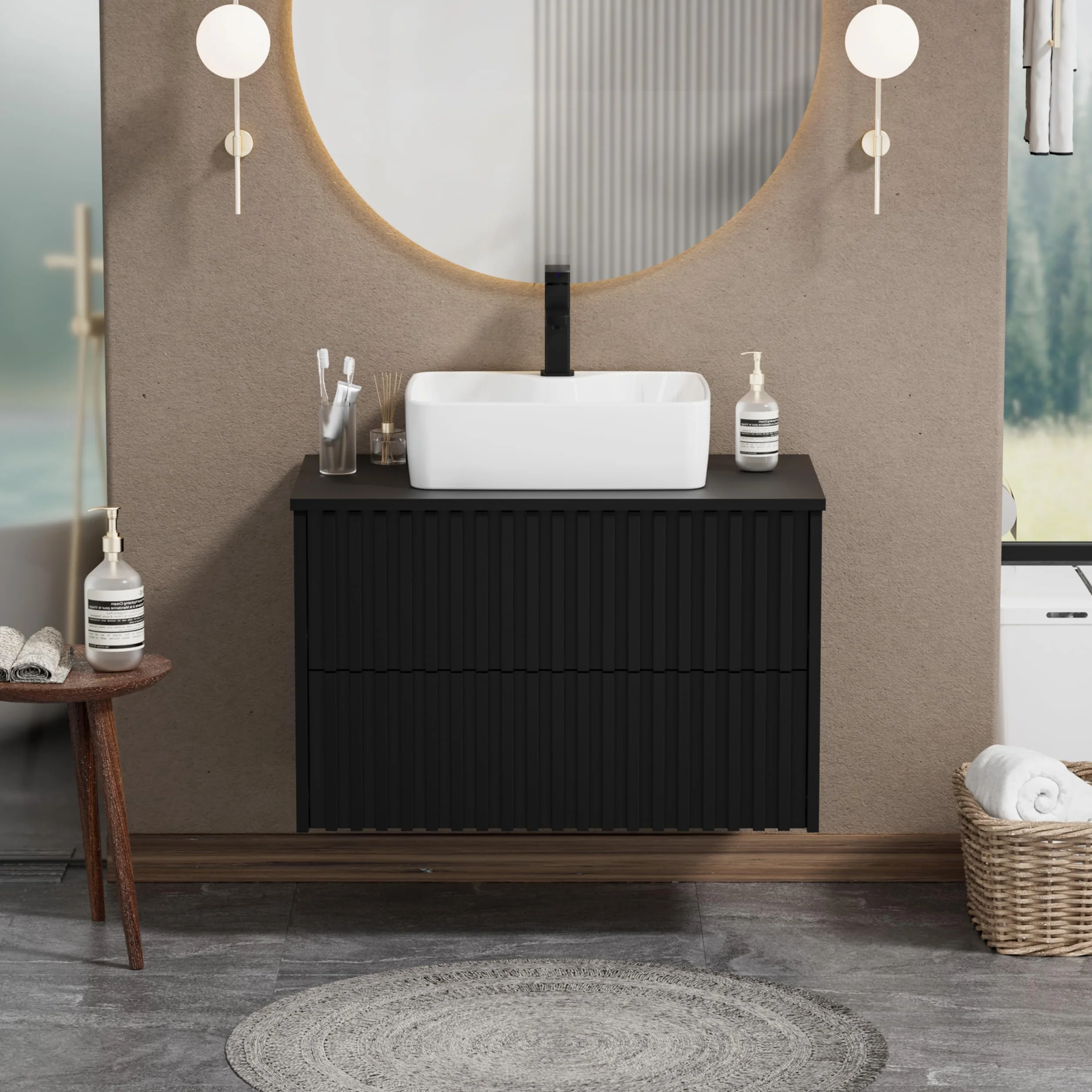 UEV Mueble de Baño 80CM con Lavabo de Cerámica, Mueble de Baño Suspendido Combina Elegancia y Funcionalidad, Lavabo con Mueble de Pared, Negro