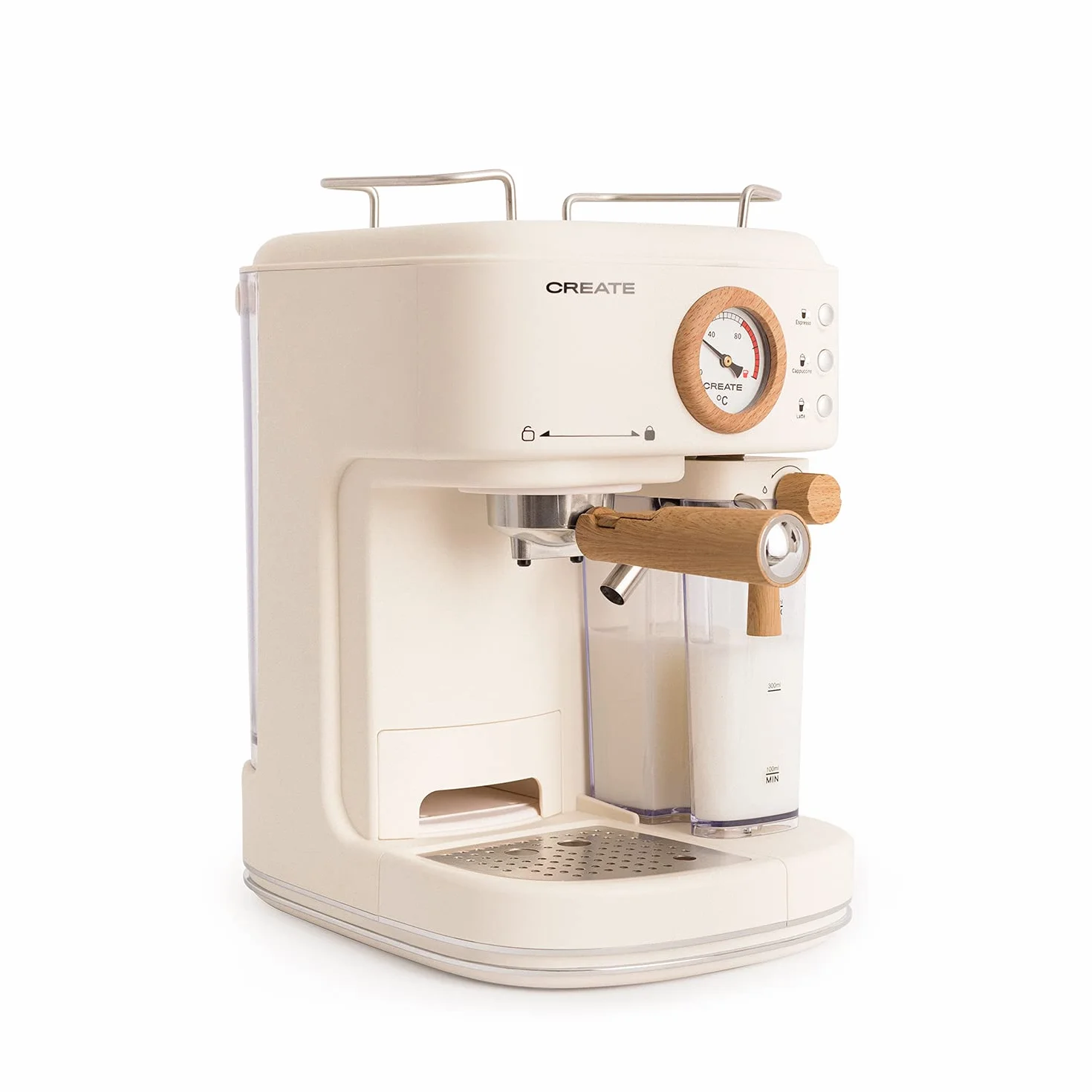 CREATE / THERA RETRO PRO/Cafetera Express semiautomática Blanco Roto / 20 bares, depósito de leche, bandeja de goteo, dos salidas,capacidad 1,5l, para café molido, 1250W