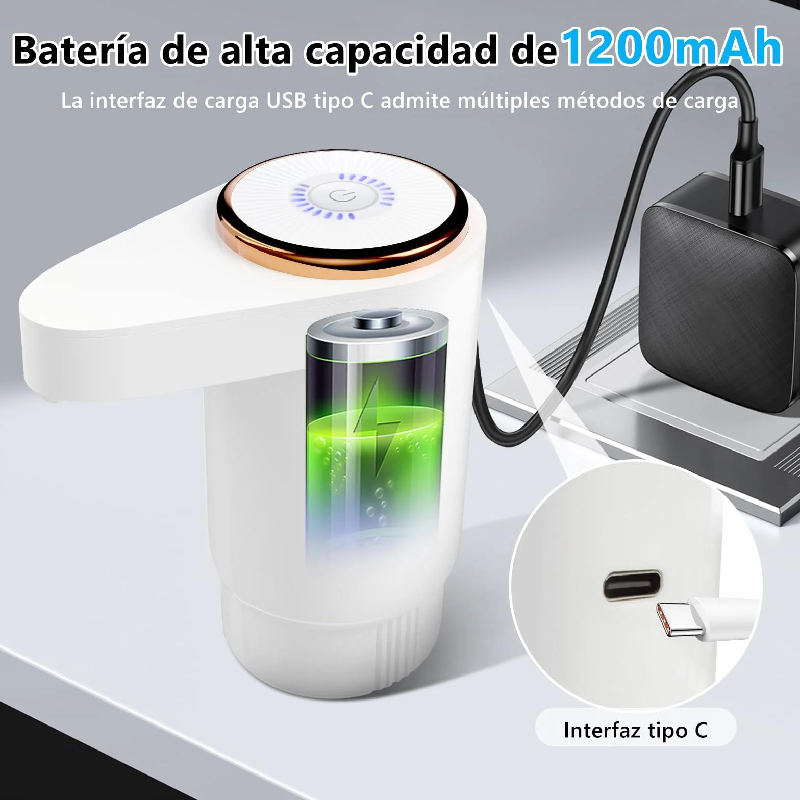 EasySpeed Dispensador de Agua de Doble Velocidad | Recargable 1200mAh Bomba de Grifo para Botellas con 2 Adaptadores | Compatible con Garrafas de 3 a 20 litros | para Camping, Casa & Oficina, Blanco