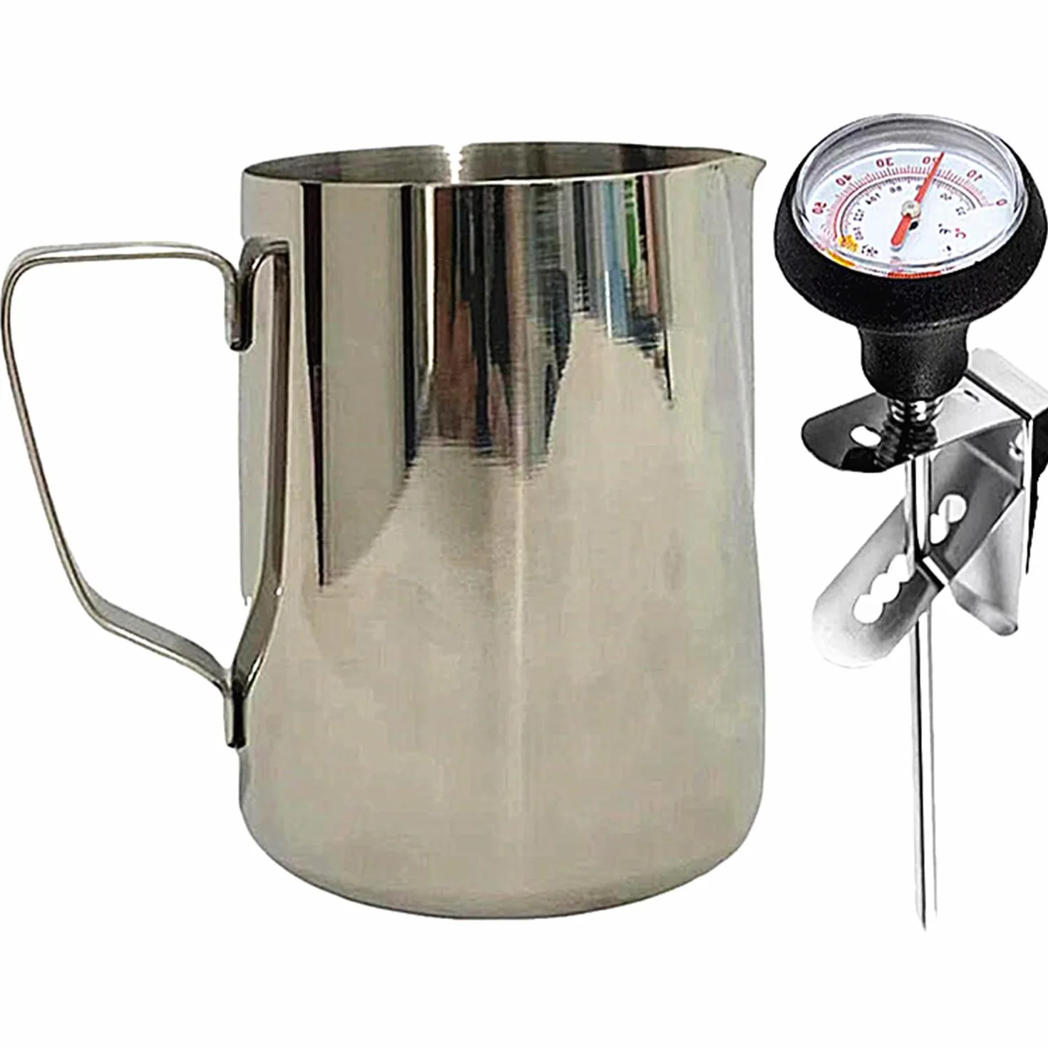 UZER Jarra de Espuma de Leche con Termómetro, 620 ml, Acero Inoxidable, Accesorio para Máquina de Café Espresso (600ml con latte art pen bolígrafo)