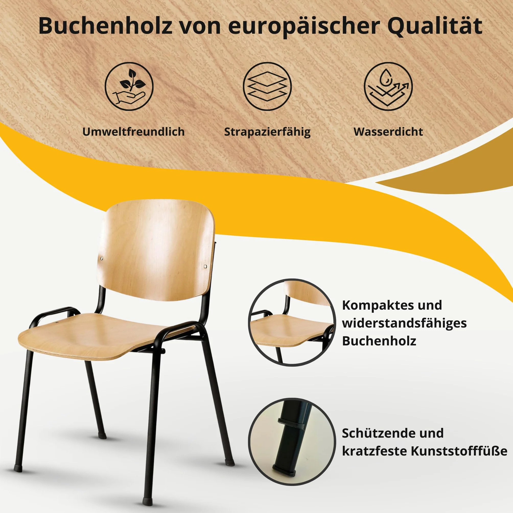 Topsit Juego de 4 sillas de visitantes apilables con asiento y respaldo de madera estructura negra