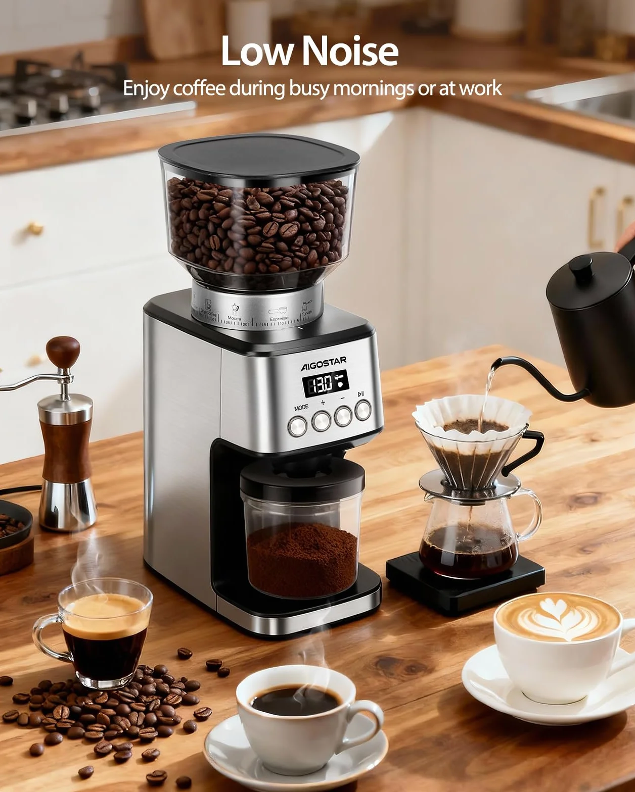 Aigostar Molinillo de Café Eléctrico, 52 Ajustes de Molido Molinillo Café de Cono, Grinder Electrico Para Café Espresso, Moledor Profesional con Pantalla Lcd Digital Precisa, Acero inoxidable, Plata