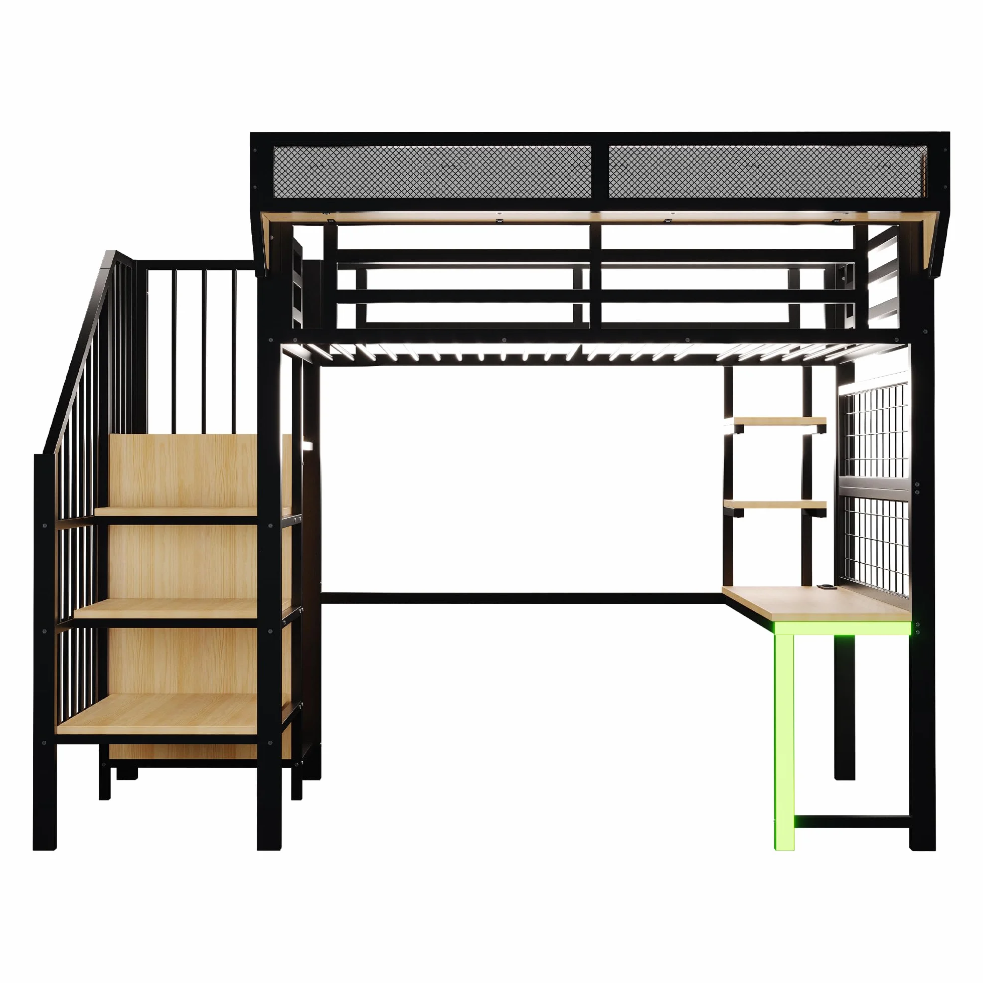 Cama alta de metal 90 × 200 con luces LED, enchufe, escritorio, estante, red de almacenamiento, litera para niños con escalera portaobjetos, estructura de cama individual, color negro
