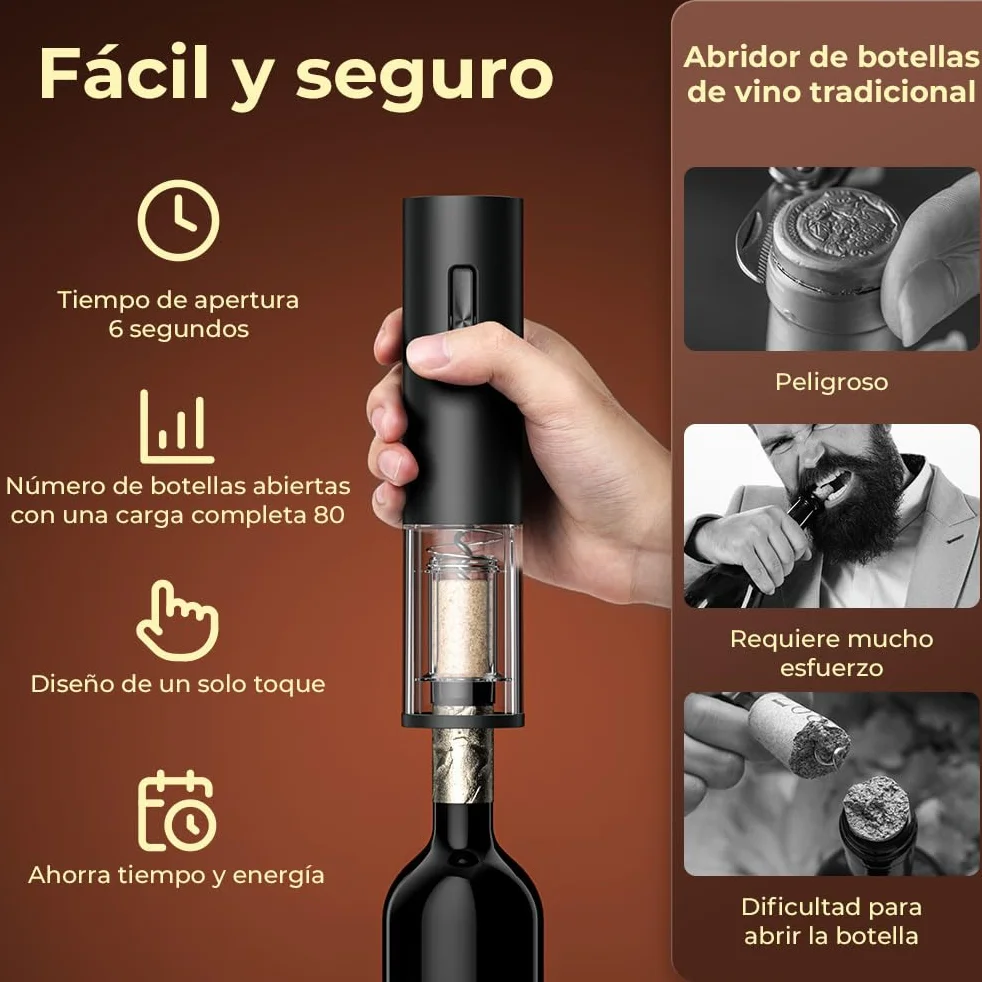 GHB Sacacorchos Eléctrico 6 en 1 Abridor de Botellas Recargable con Cortador de Papel, Vertedor, Tapón de Vacío, Aerator, Anillo de Vino, Cable USB