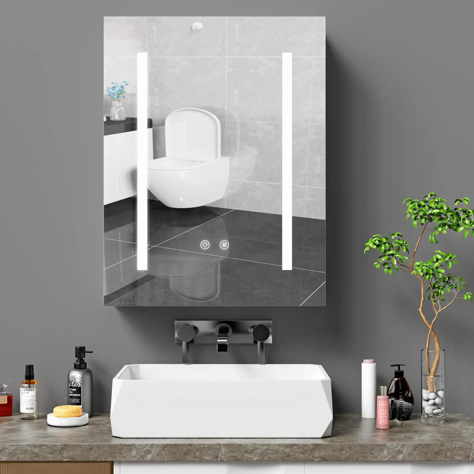 Armario Espejo baño con luz, Mueble de Baño, 3 Estantes Ajustable