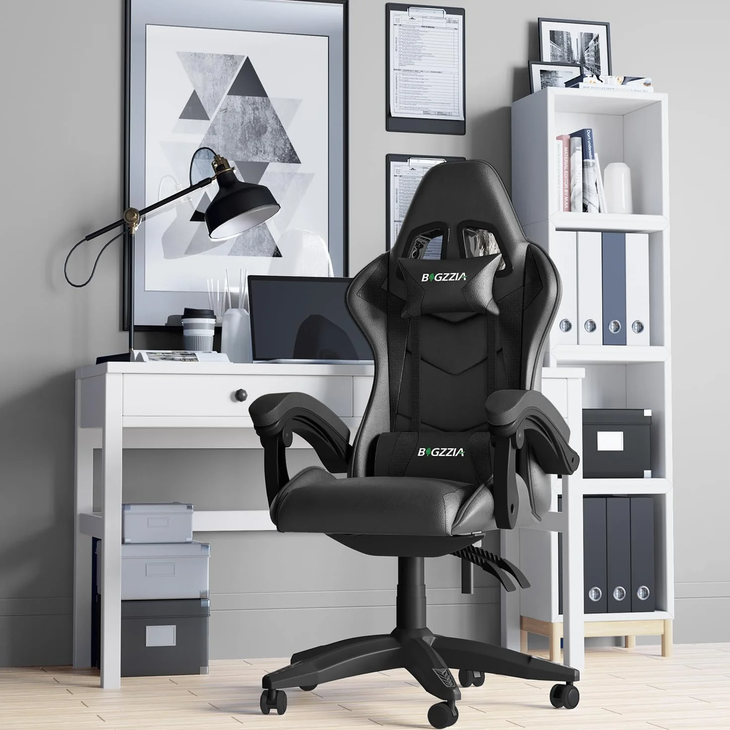 Silla Gaming Ergonómica de Oficina en Cuero PU, Regulable en Altura, Soporte Lumbar, Reposacabezas, Respaldo Reclinable 155°, Silla Gamer Adulto Niño (Negro)