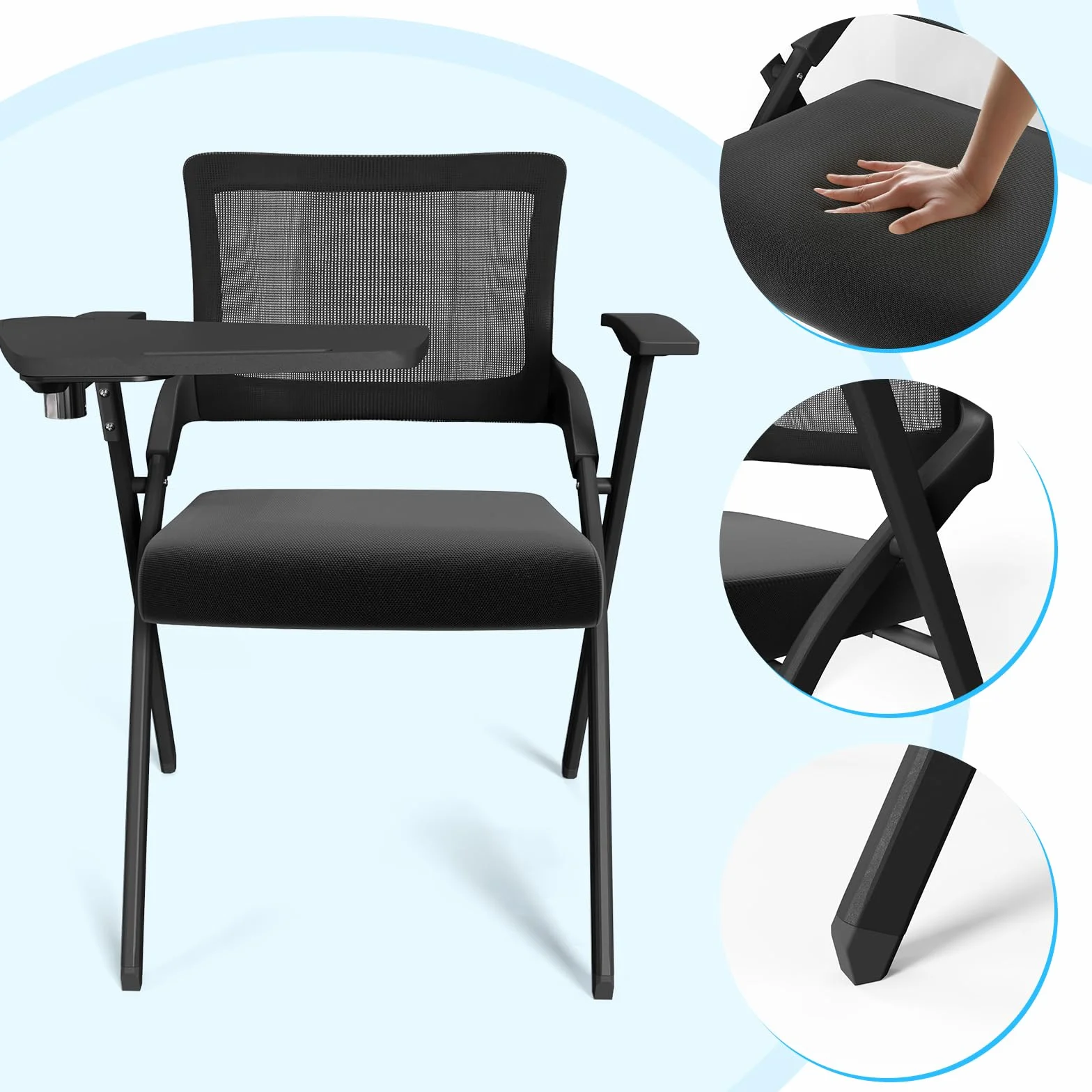 1 Pieza Sillas Plegables Tapizadas en Tela Silla de Oficina Plegable con Bandeja Silla de Comedor Plegable Cómodas Sillas Plegables para Cocina Interior Exterior Oficina Negro