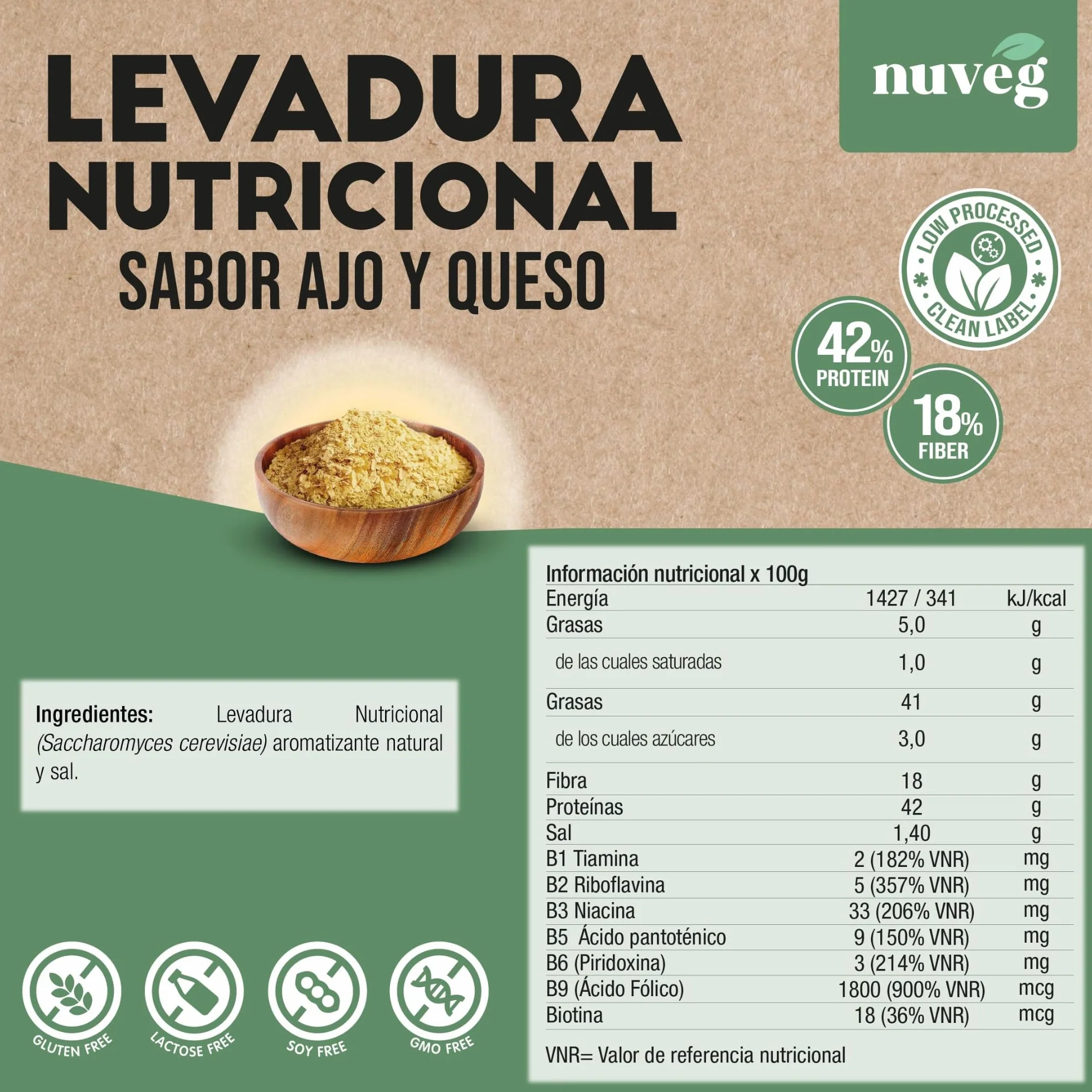 NUVEG Levadura Nutricional Sabor Queso y Ajo, Levadura Nutritiva en Copos, Rica en Vitamina B y Proteínas 42%, Sin Gluten, Pack 2, 250g