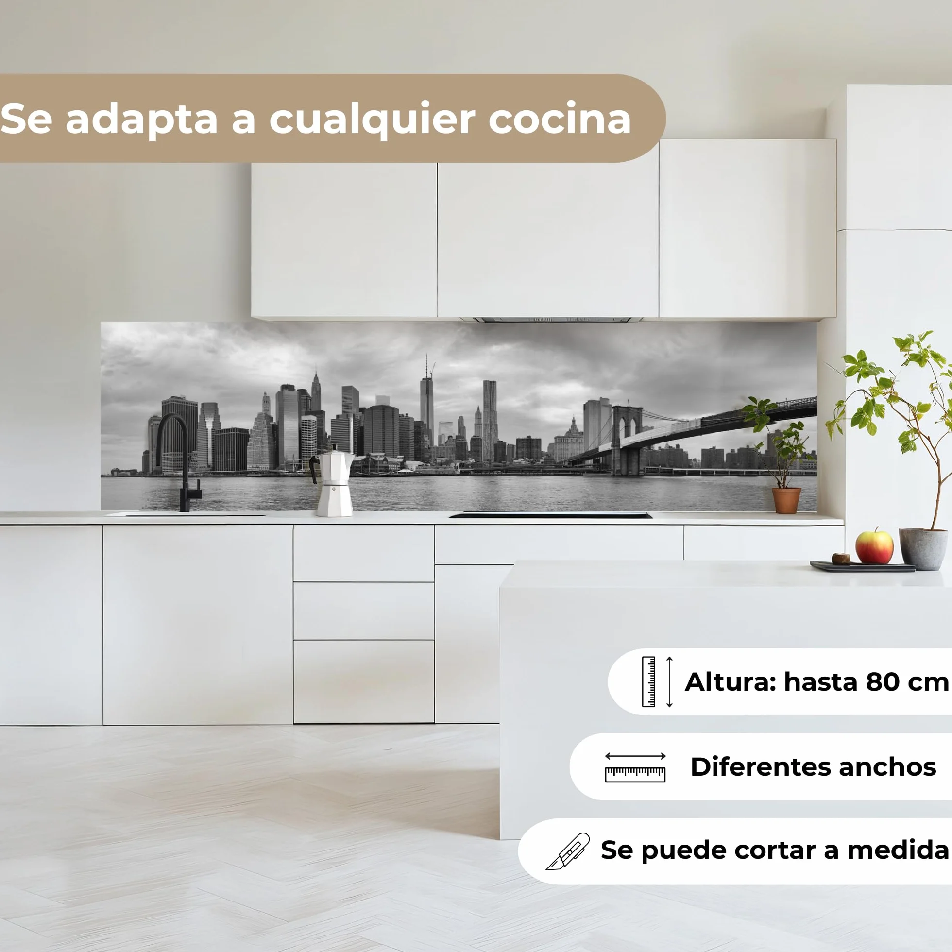 KitchenYeah© Antisalpicaduras Cocina 80x300 cm Adhesivo Salpicadero Protector Pared Salpicaduras Revestimiento Skyline - Puente - Edificios - Incoloro