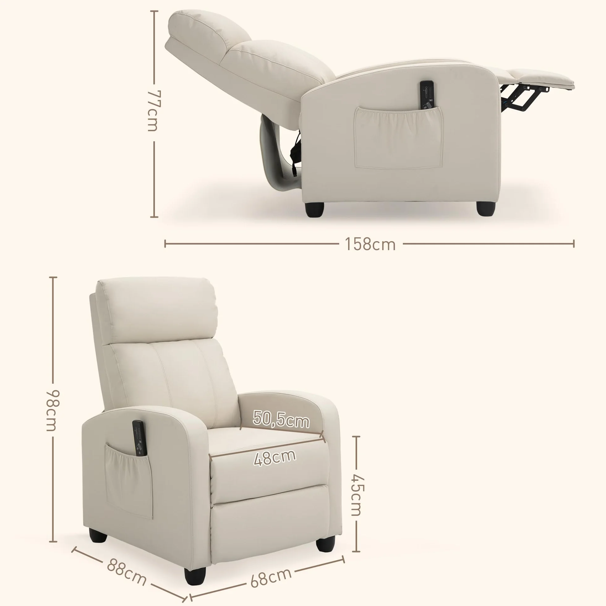 HOMCOM Sillón de Masaje Reclinable con Mando a Distancia 2 Zonas 8 Programas 5 Niveles Intensidad 68x88x98 cm Crema