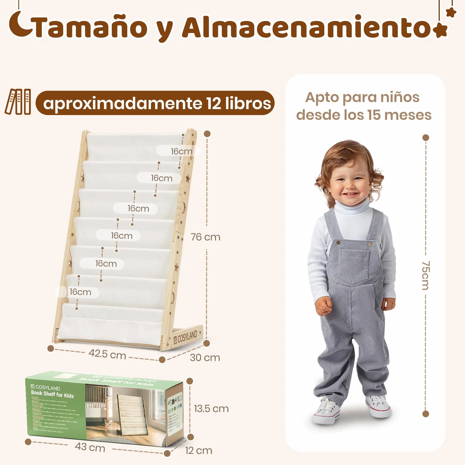 COSYLAND Estantería Infantil 7 Niveles Organizador Libros Dormitorio Guardería Sala Juegos Natural Mediano