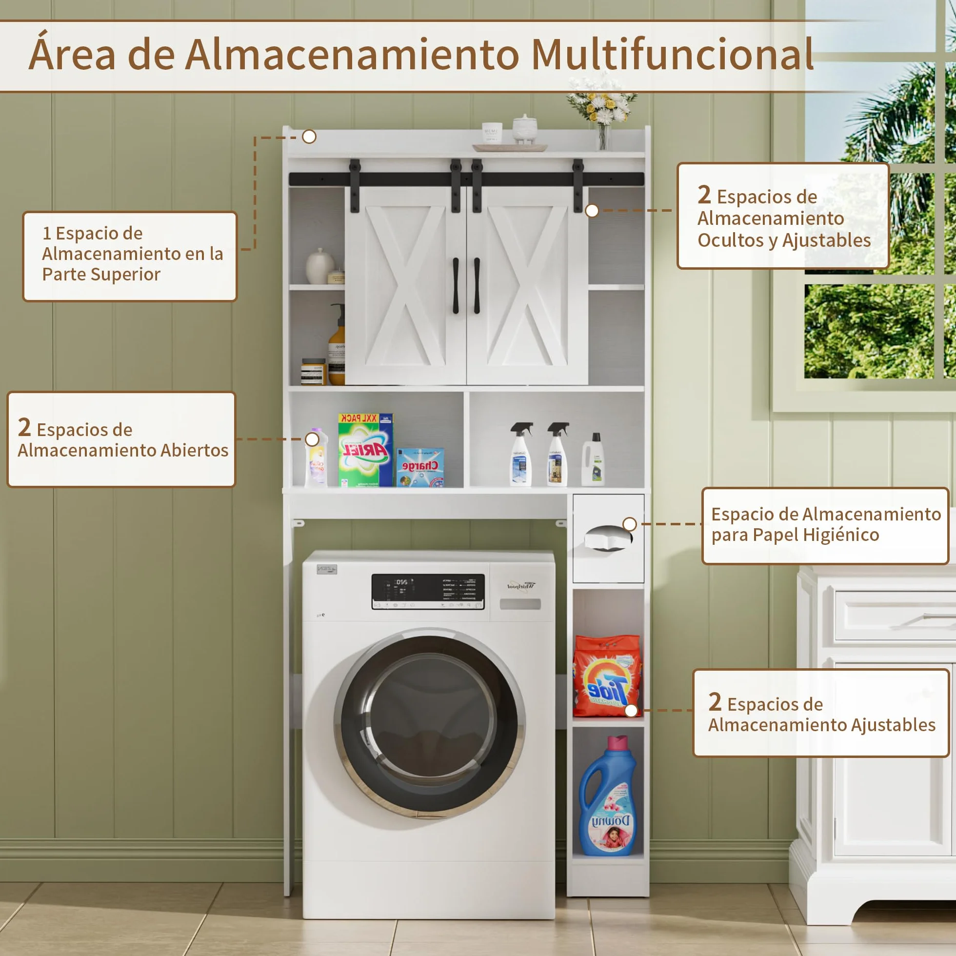 BonVache Mueble Lavadora Puerta Corredera Estantes Ajustables 5 Nichos Abiertos Compartimento Toallas Papel Baño Lavandería Blanco