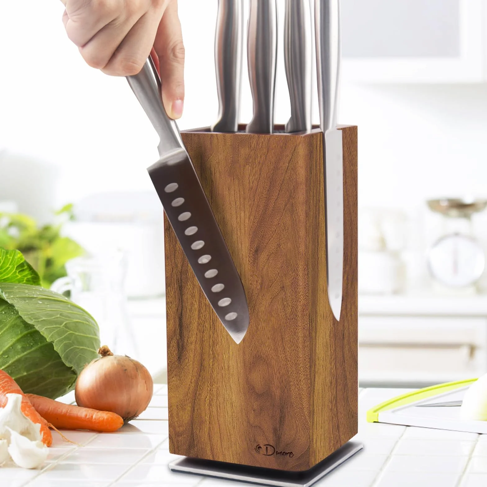 Dmore Bloque magnético para cuchillos giratorio 360°, sin cuchillos, soporte magnético para cuchillos de madera de acacia, extra gran capacidad, para cuchillos y utensilios para mesa de cocina