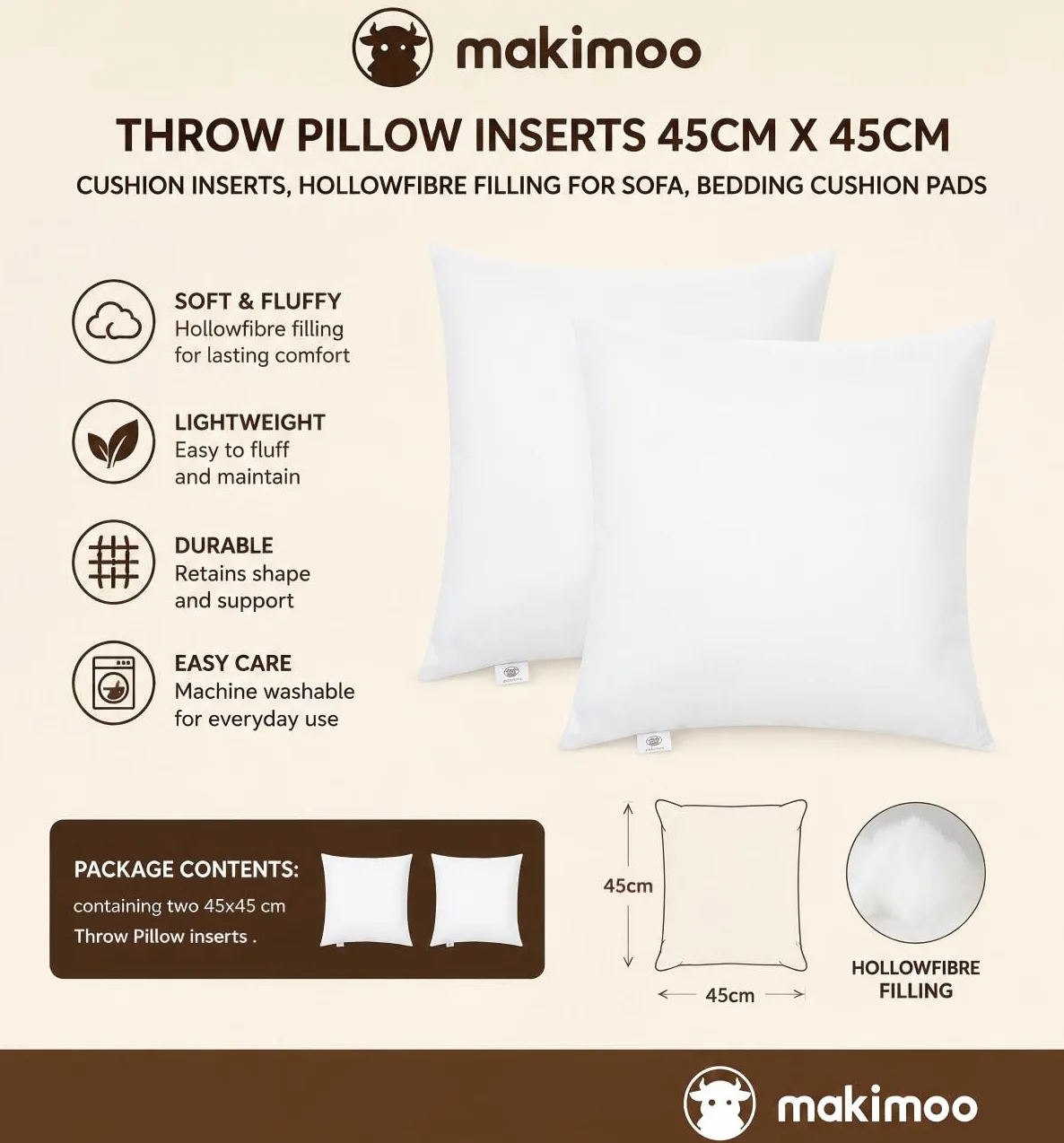 Inserciones de Cojines 45x45 cm Relleno Fibra Hueca para Sofá (Pack 2)