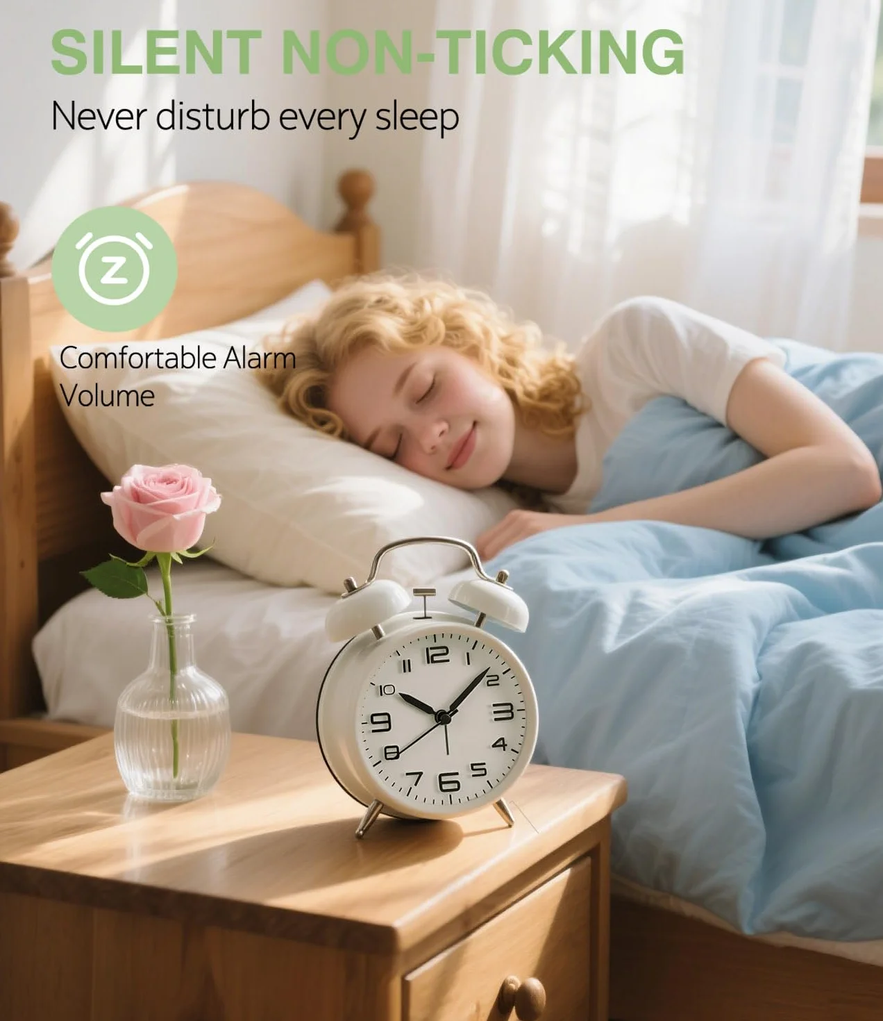 Reloj despertador analógico, con doble campana, extra fuerte para personas con sueño profundo, sin tictac, funciona con baterías con luz nocturna, reloj de mesa vintage de metal para adultos