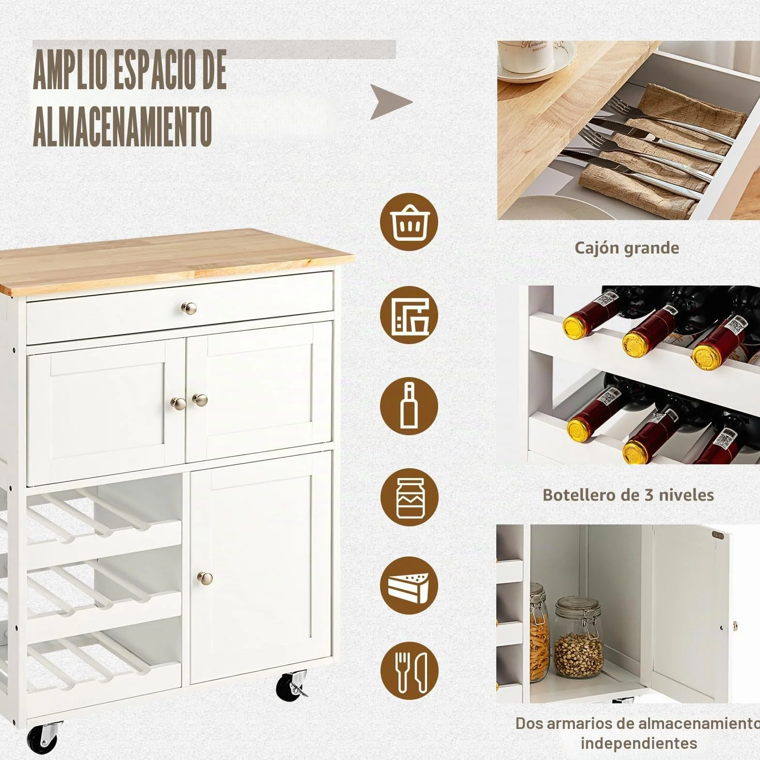 KOMFOTTEU Carro de Cocina de Madera, Carrito de Servicio con Ruedas, Mueble Isla Móvil con Cajón, Botellero de 3 Niveles y 2 Armarios, para Comedor, Bar, Restaurante, 67 x 37 x 86 cm (Blanco)