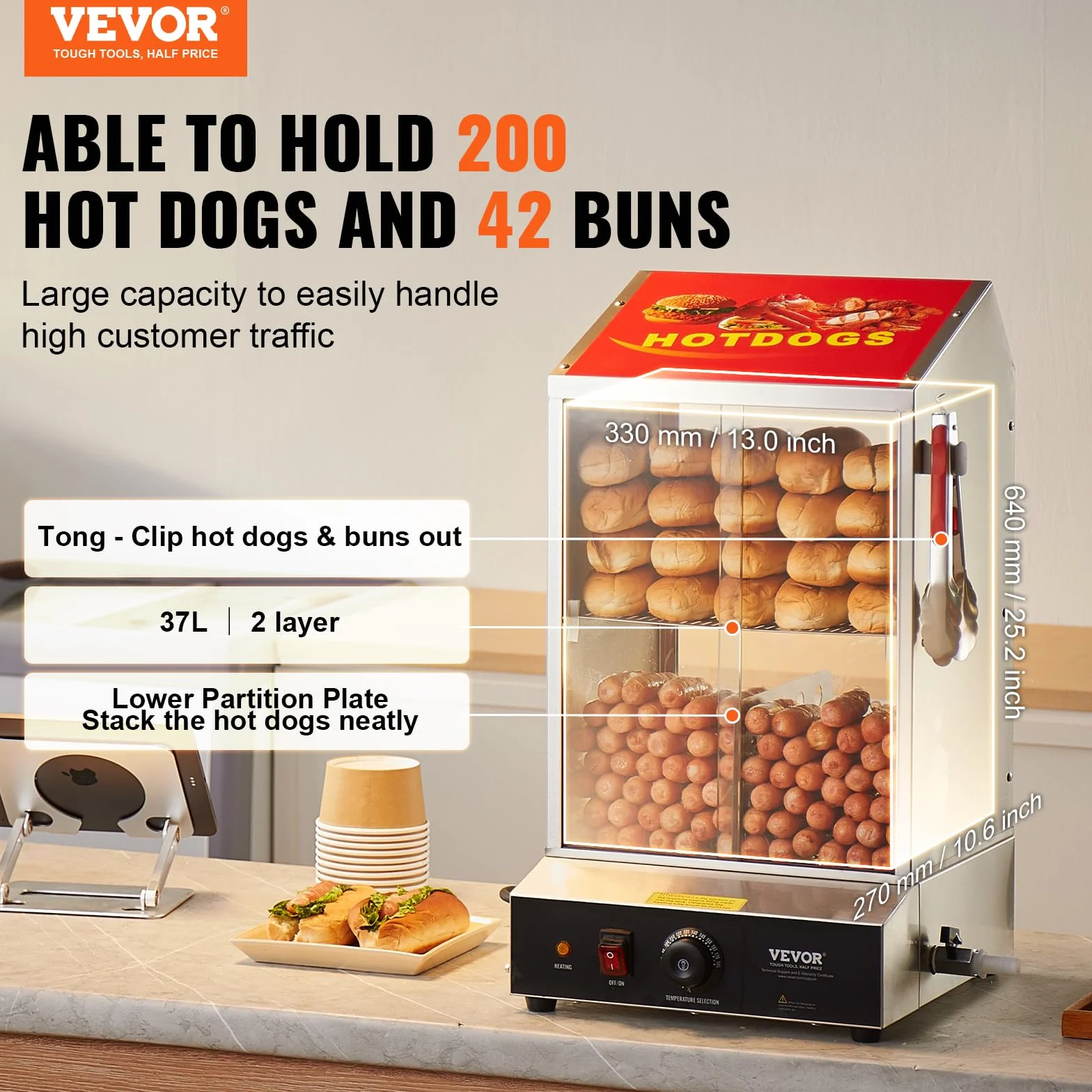 VEVOR Vaporera para Perritos Calientes, 37 L, 2 Niveles, Control de Temperatura de 30 ℃ a 85 ℃, con Puertas Corredizas de Vidrio Templado, Pinzas Placa Divisoria, Acero Inoxidable, 345 x 380 x 640 mm