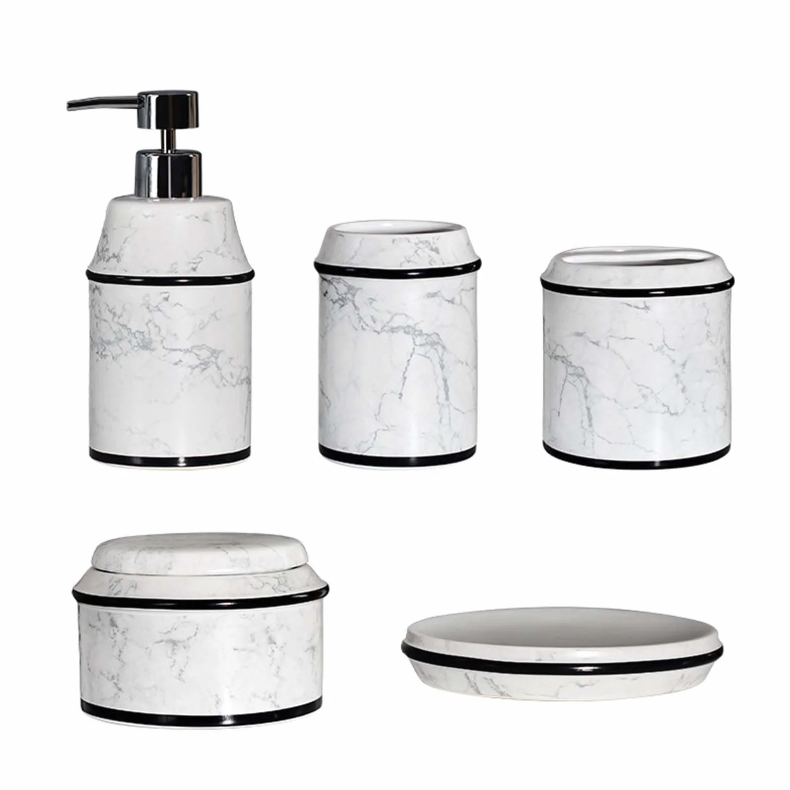 Set Dispensador De Jabón Marmoleado, Set De Baño De Cerámica, con Porta Cepillo De Dientes, Dispensador De Jabón, Jabonera, para La Zona De Lavado.,Blanco