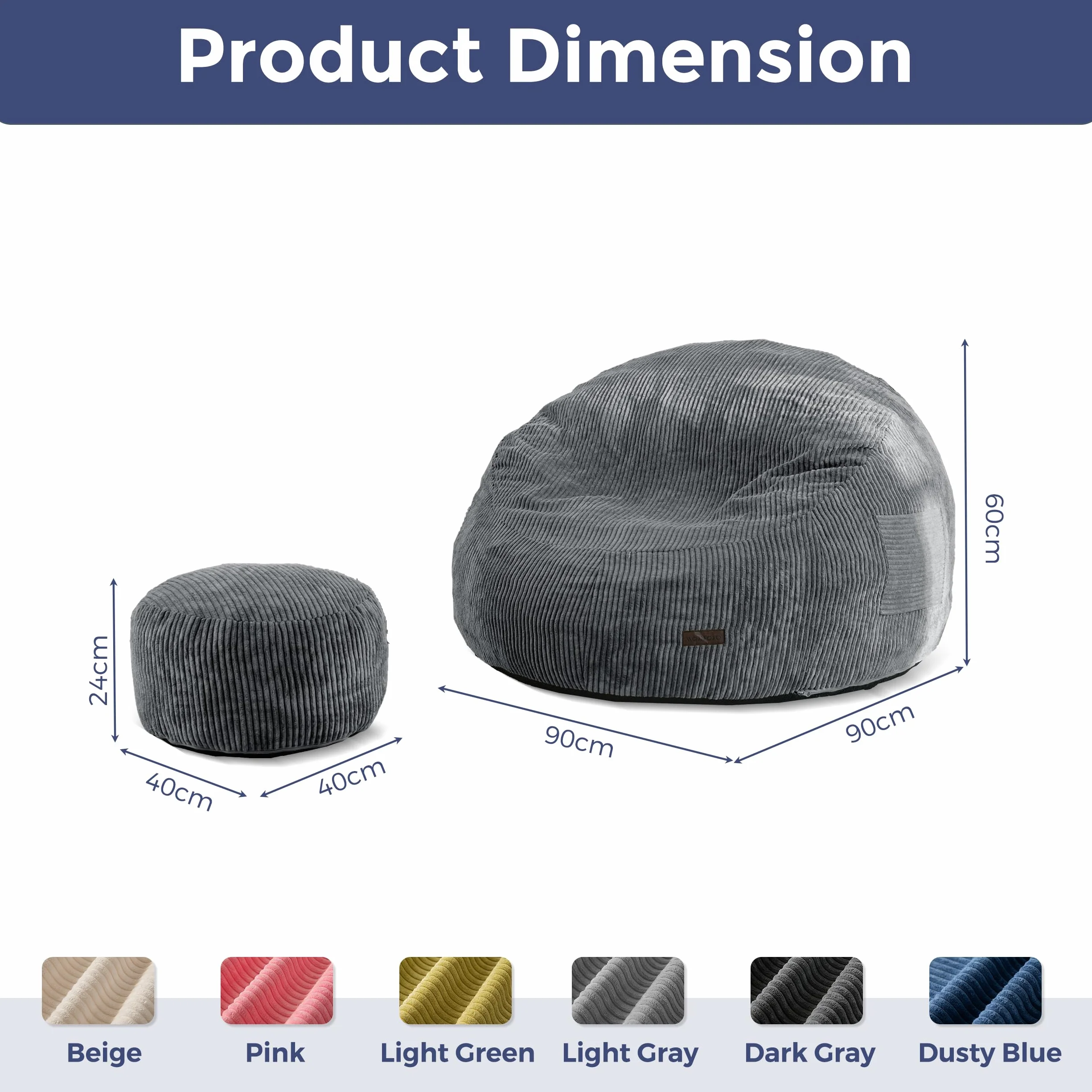 MAXYOYO Sillón Puff de Pana con Reposapiés para Adultos y Niños, Sofá Puff y Puf con Relleno de Espuma, Sillón con Asa para Sala de Estar, Dormitorio, Juegos, Lectura y Relajación