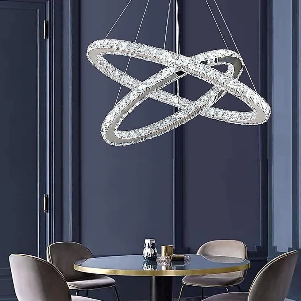 Finktonglan Candeliers de cristal Luz de colgante ovalado Moderno 2 anillos LED Forma ajustable, lámparas de iluminación colgante de 60 cm para dormitorio de comedor (6500k blanco)