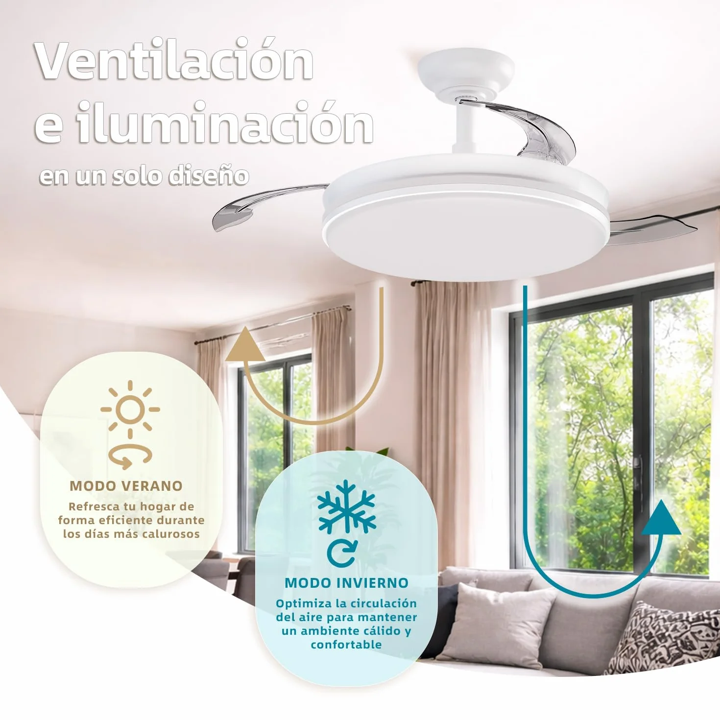 Ventilador de techo con luz LED 3 aspas retráctiles Motor DC 30W+42W 6 velocidades temporizador 3 temperaturas de luz silencioso 50CM