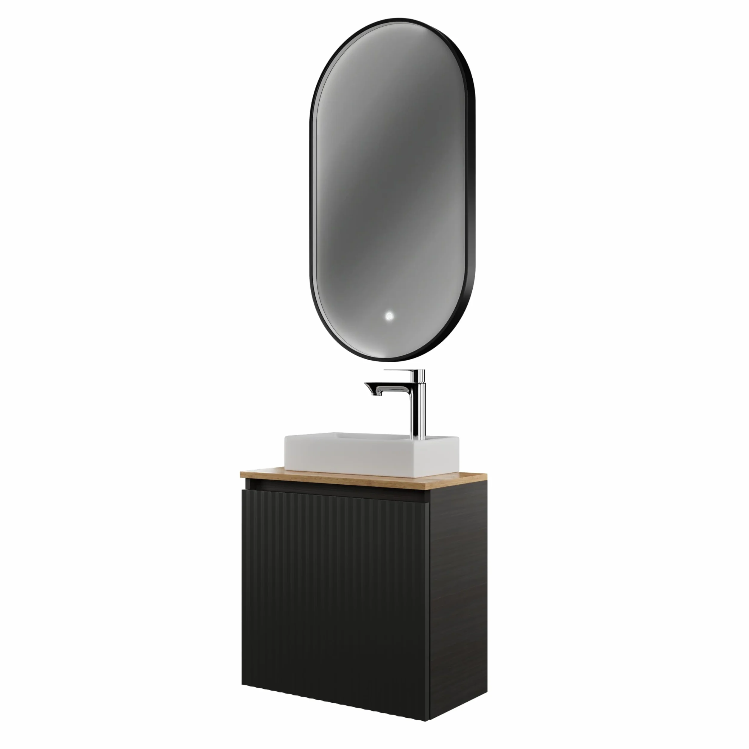 Planetmöbel Conjunto de muebles de baño Lavabo con mueble bajo 56 x 55 x 30 cm Antracita y roble dorado, espejo de baño con iluminación, 50 x 90 cm, espejo con marco, ovalado, 3 niveles de iluminación
