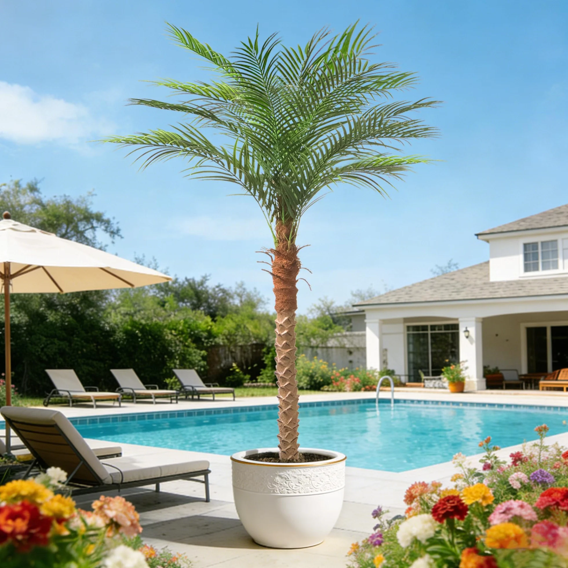 Palmera artificial de fénix de 7 pies de alto, árbol tropical grande falso con 15 hojas ajustables, planta de palma de sagú sintético para interiores y exteriores, sala de estar, patio, piscina