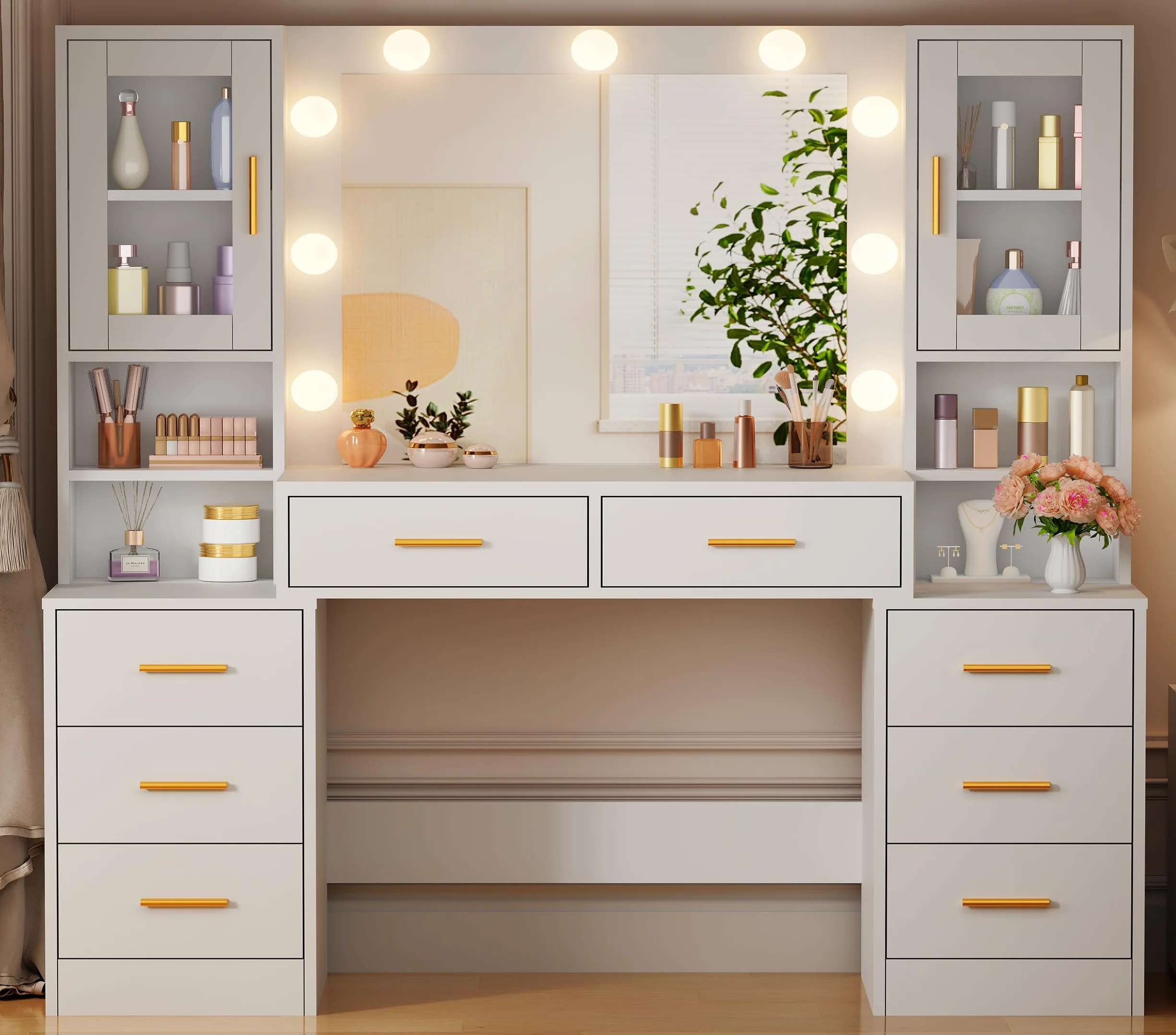 BEWISHOME Tocador de Maquillaje con Luces LED, Brillo Ajustable, 8 Cajones, Blanco EFST37W