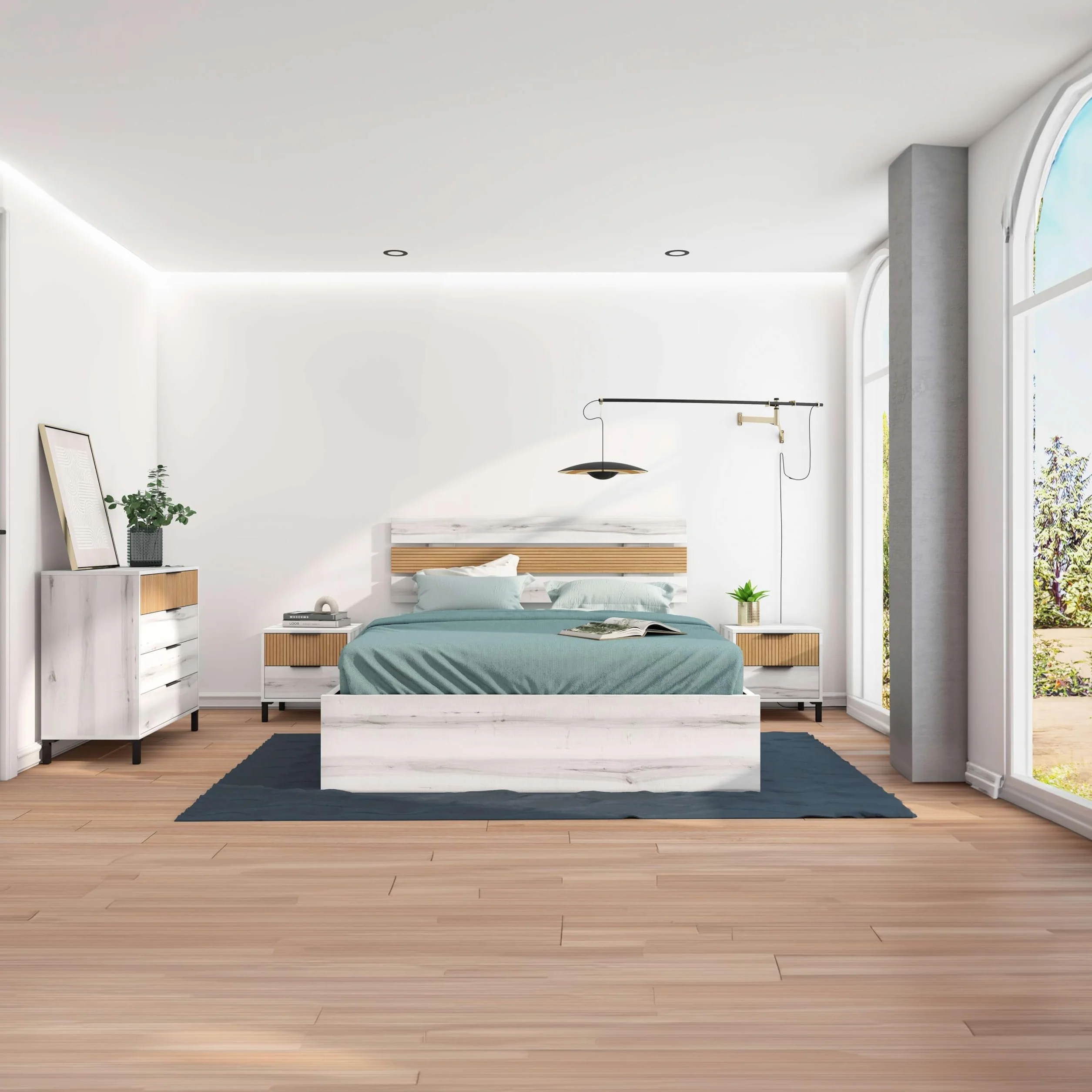 Miroytengo Pack Muebles Dormitorio Matrimonio Arles Nórdicos Modernos Color Blanco Albo y Roble Rayado