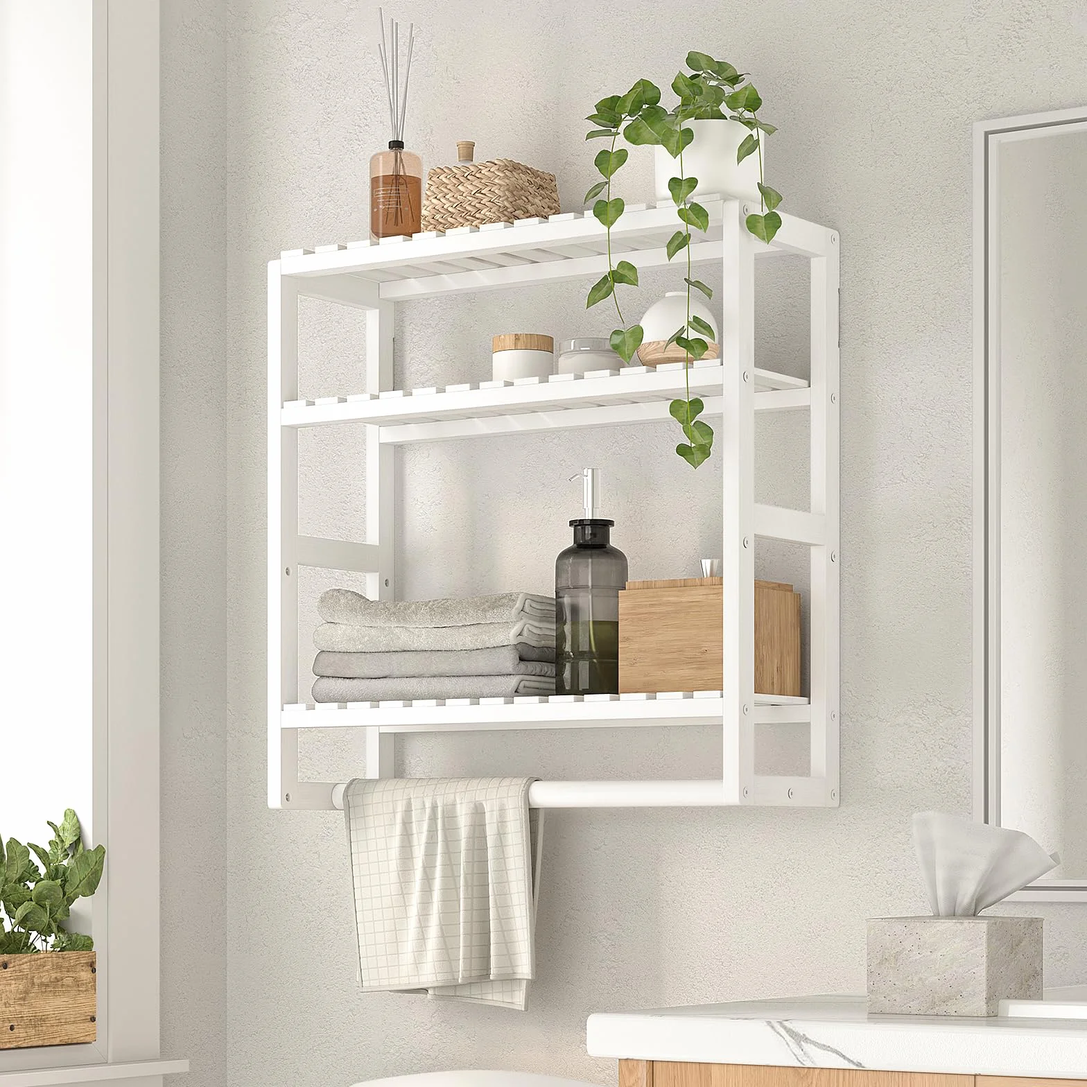 Bamworld Estantería Baño Pared 3 Niveles Bambú Ajustable Organizador Ahorrar Espacio