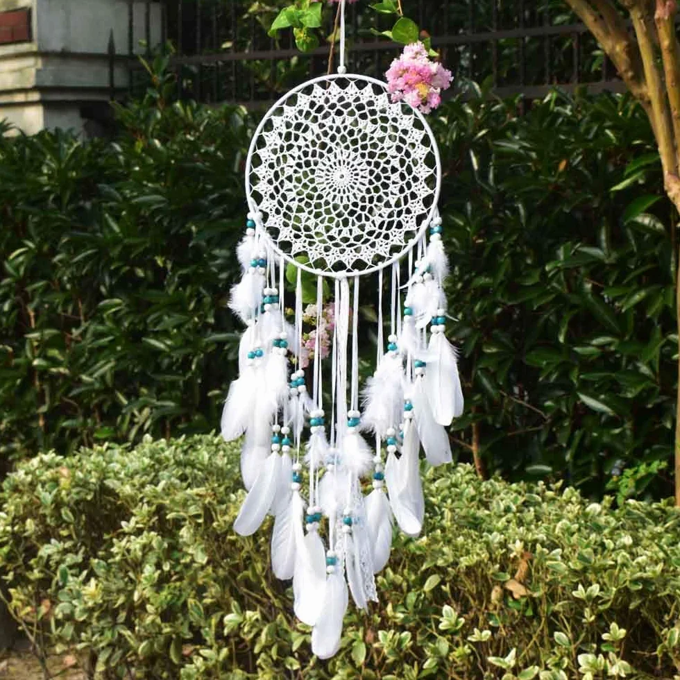 Grand Boho - Sensor de sueños (pluma, color blanco y perlas azules, maramados, decoración de pared, 20 cm, círculo de 70 cm, largo